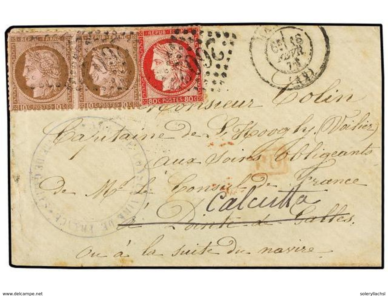 CEILAN. Yv.54+57. 1876 (Feb. 16). Cover To A Ship's Captain Care Of The French Consul In POINTE DE GALLES (Galle, Ceylon - Autres & Non Classés