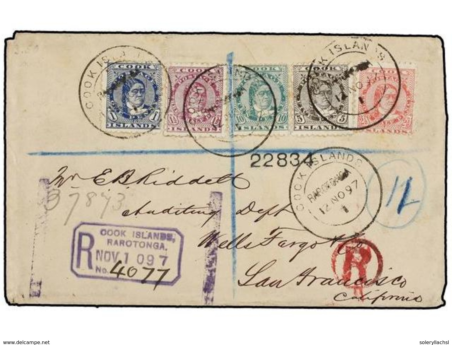 COOK. Sg.6/10. 1897. RAROTONGA To SAN FRANCISCO. Envelope Franked With 1d., 1 1/2d., 2 1/2d., 5d. And 10d. Stamps Tied B - Autres & Non Classés