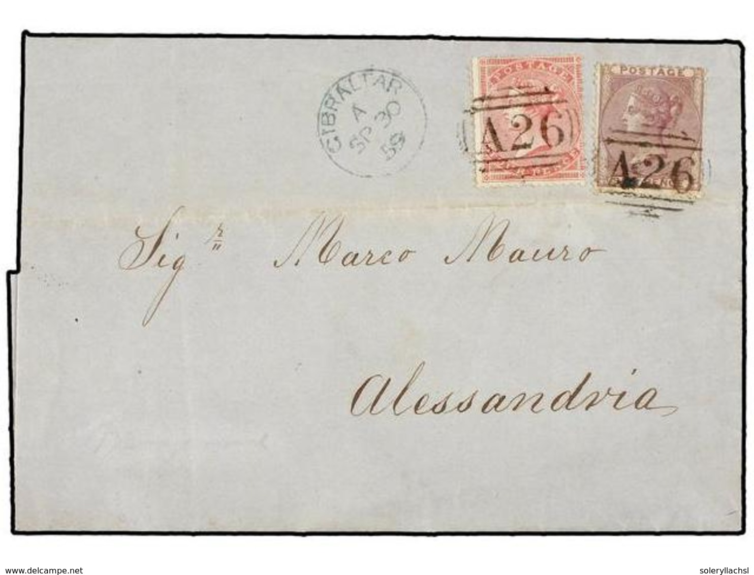 GIBRALTAR. 1859 (Sept 29). Entire Letter From GIBRALTAR To ALEXANDRIA (Egypt) Franked By Great Britain 1856 4d. Rose Car - Sonstige & Ohne Zuordnung