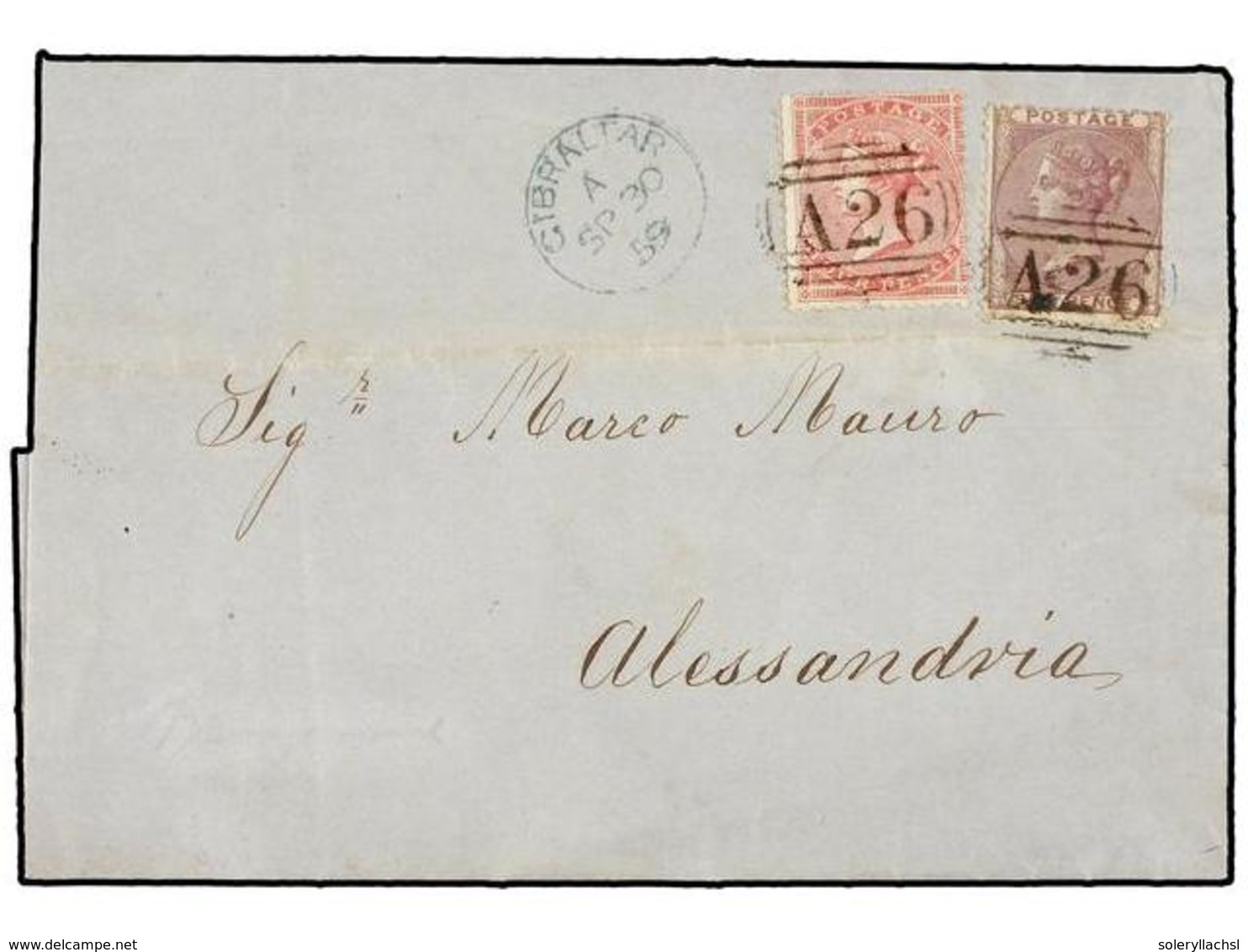 GIBRALTAR. 1859 (Sept 29). Entire Letter From GIBRALTAR To ALEXANDRIA (Egypt) Franked By Great Britain 1856 4d. Rose Car - Otros & Sin Clasificación
