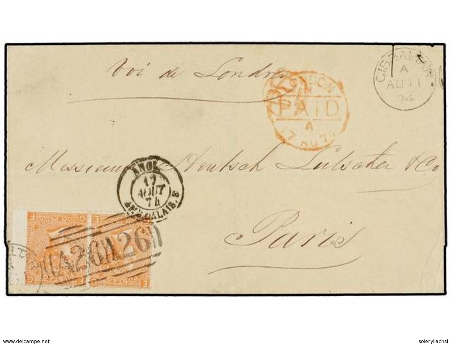 GIBRALTAR. 1874. GIBRALTAR To PARIS (France). Folded Letter Franked With Two GB 4 D. Orange (pl. 13) Cancelled By Duplex - Autres & Non Classés