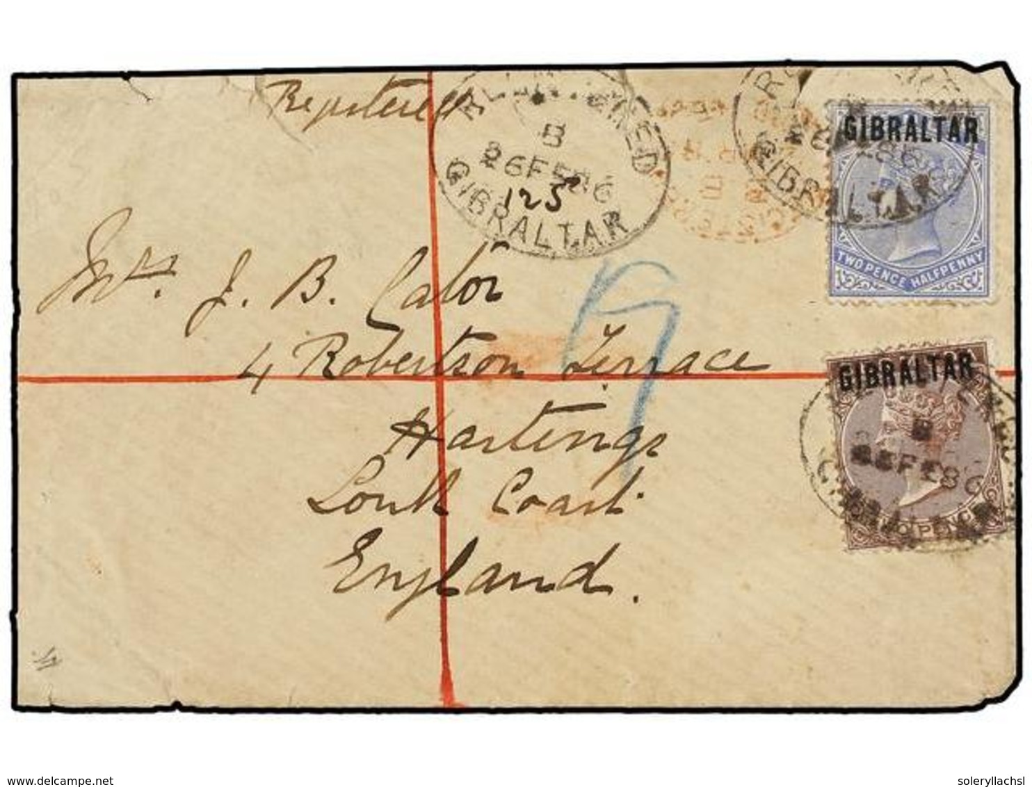 GIBRALTAR. Sg.3, 4a. 1886. GIBRALTAR To ENGLAND. 2 1/2 D. (variety Overp. In Blue-black) Blue And 2 D. Brown Purple Tied - Sonstige & Ohne Zuordnung