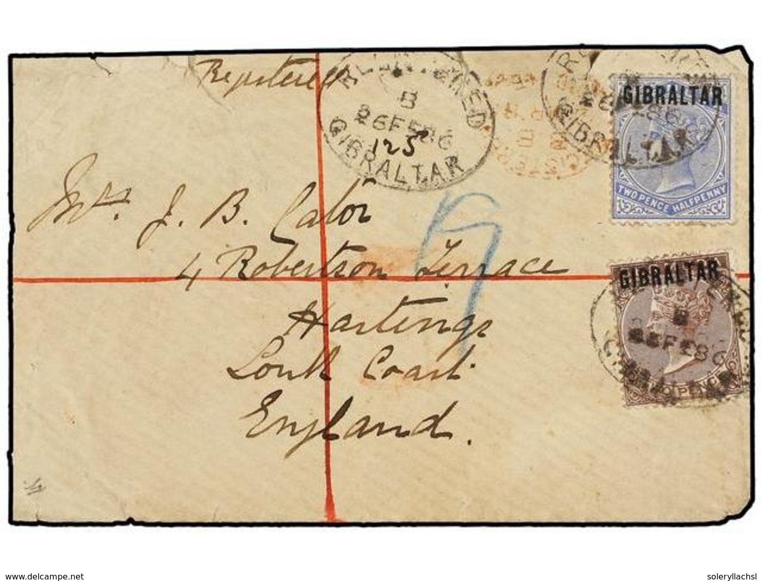 GIBRALTAR. Sg.3, 4a. 1886. GIBRALTAR To ENGLAND. 2 1/2 D. (variety Overp. In Blue-black) Blue And 2 D. Brown Purple Tied - Autres & Non Classés