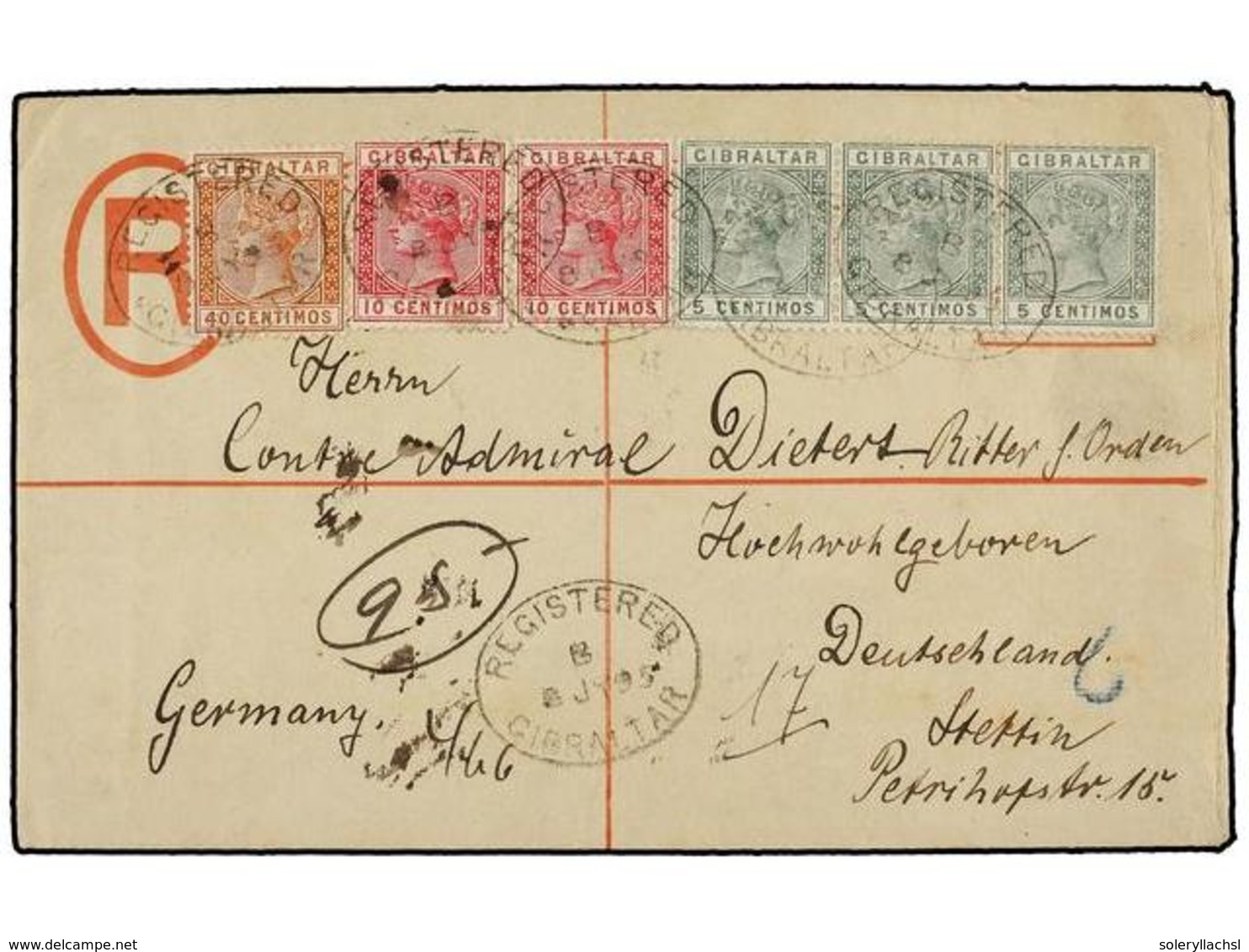 GIBRALTAR. Sg.22 (3), 23 (2), 27. 1895. GIBRALTAR To GERMANY. 20 Cts. Red Registered Envelope (Size G) Uprated By 5 Cts. - Autres & Non Classés