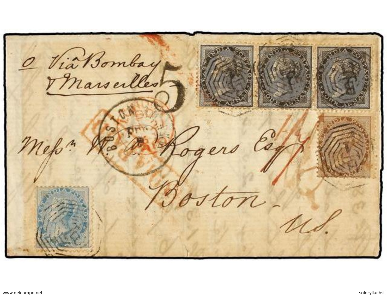 INDIA INGLESA. 1859. CALCUTTA To BOSTON (U.S.A.). Entire Letter Franked With 1/2 A. Blue, 1 An. Brown And Strip Of Three - Autres & Non Classés