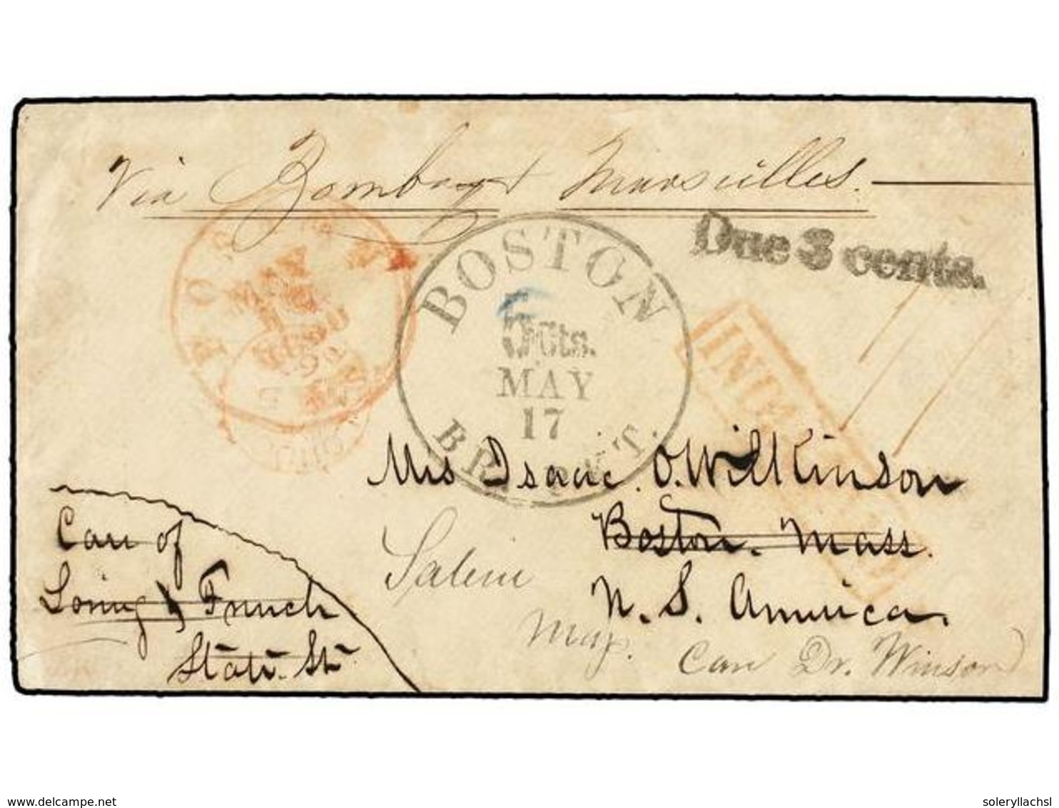 INDIA INGLESA. 1860. CALCUTTA To U.S.A. Envelope Franked On Reverse With 1/2 A. Blue, 1 A. Black And 8 A. Red On Blue St - Otros & Sin Clasificación