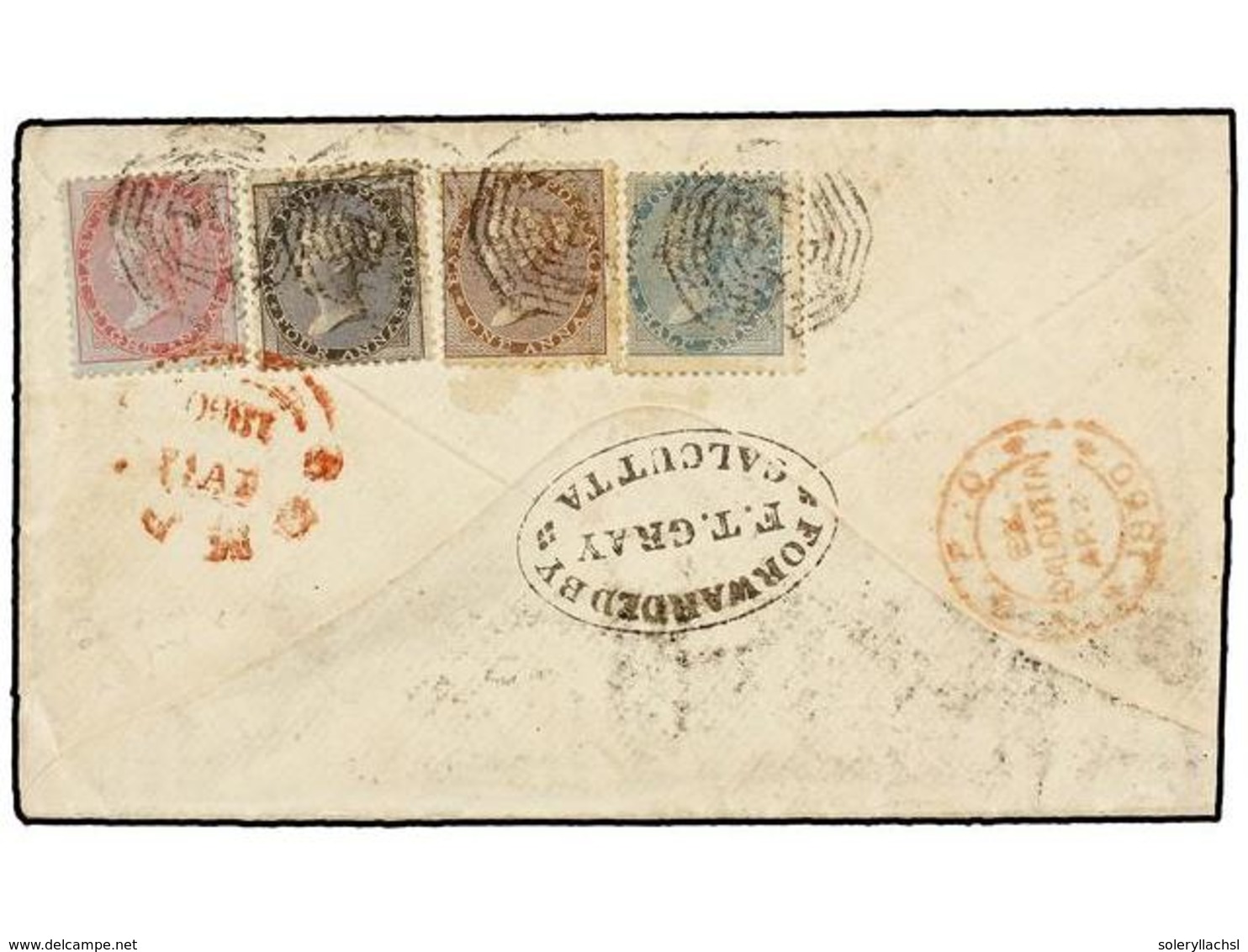 INDIA INGLESA. 1860. CALCUTTA To U.S.A. Envelope Franked On Reverse With 1/2 A. Blue, 1 A. Black And 8 A. Red On Blue St - Autres & Non Classés