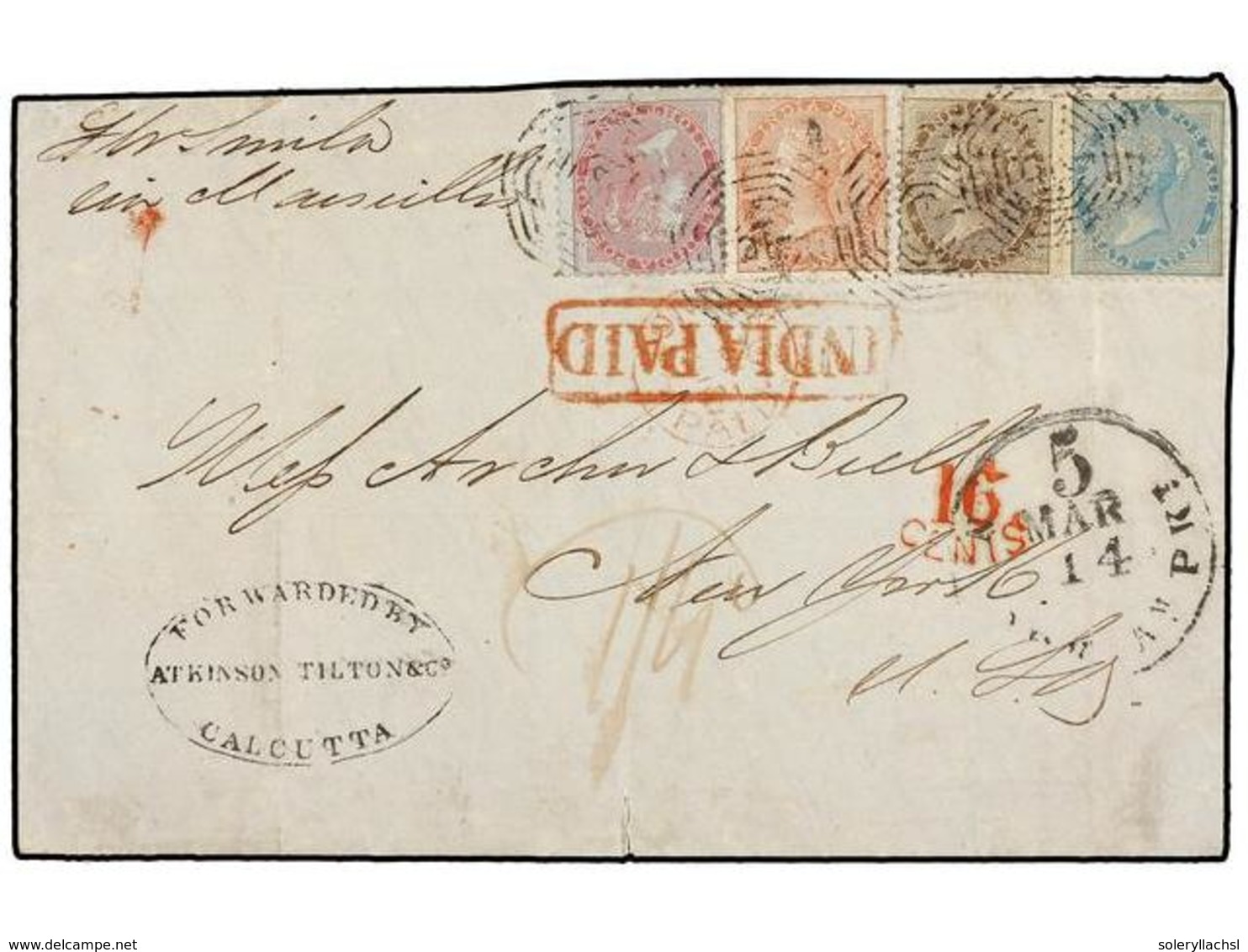 INDIA INGLESA. Sg.36, 37, 39, 41. 1861. CALCUTTA To NEW YORK. Entire Letter Franked With 1/2 A., 1a., 2a. And 8a. Stamps - Autres & Non Classés