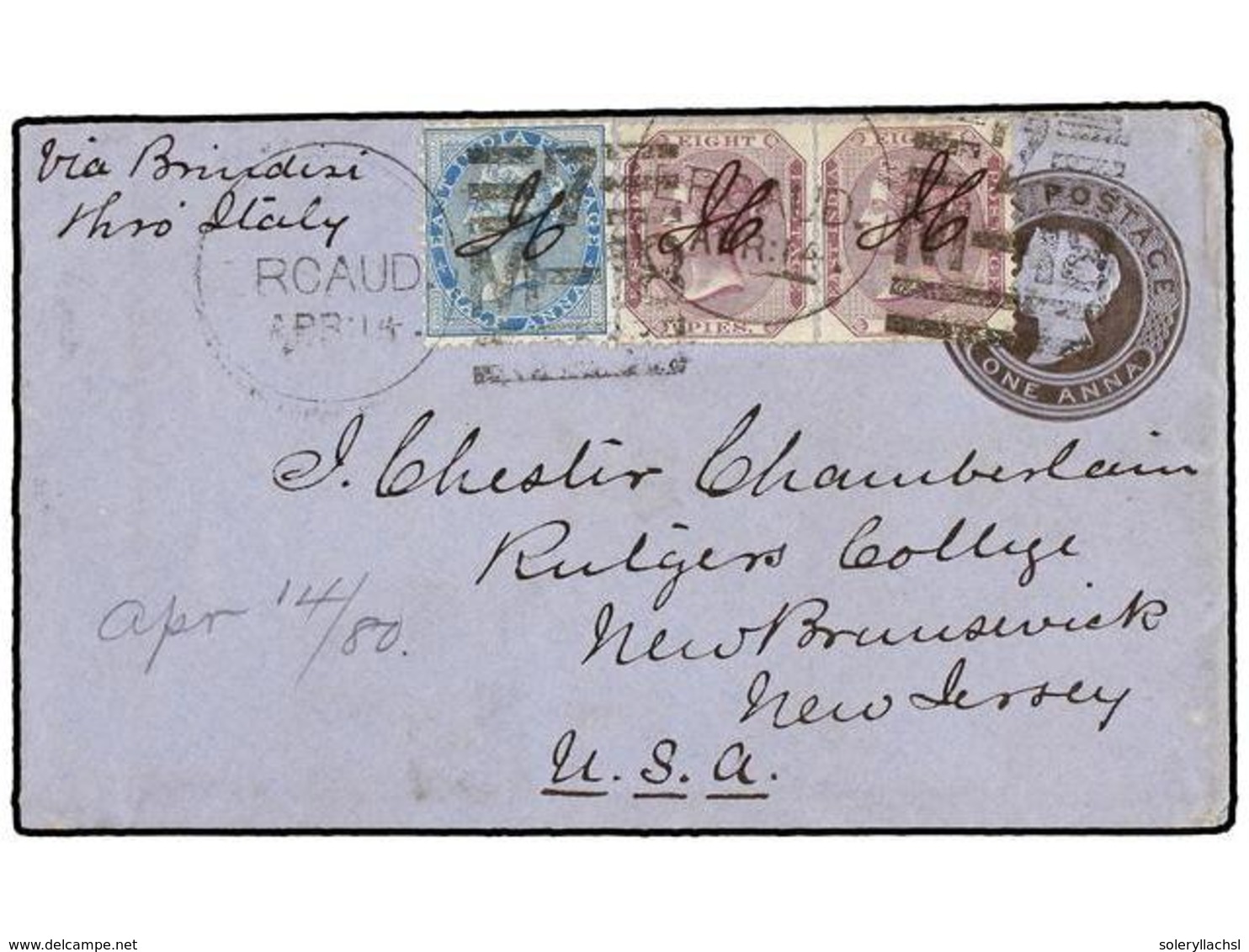 INDIA INGLESA. 1880. MADRAS To U.S.A. 1 Anna Postal Stationery Envelope With Full Contents Uprated With 1/2 An. Blue And - Sonstige & Ohne Zuordnung