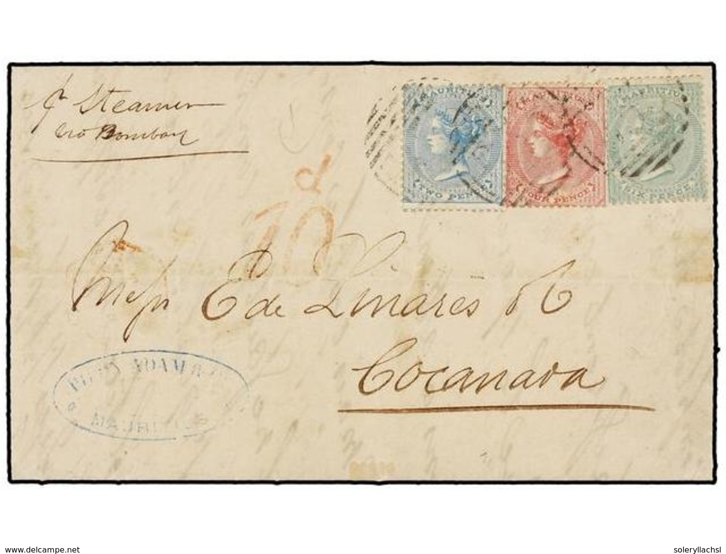 MAURICIO. Sg.59, 62, 64. 1872. MAURITIUS To COCANADA (French India). Entire Letter (in French) Endorsed "P. Steamer Via  - Otros & Sin Clasificación