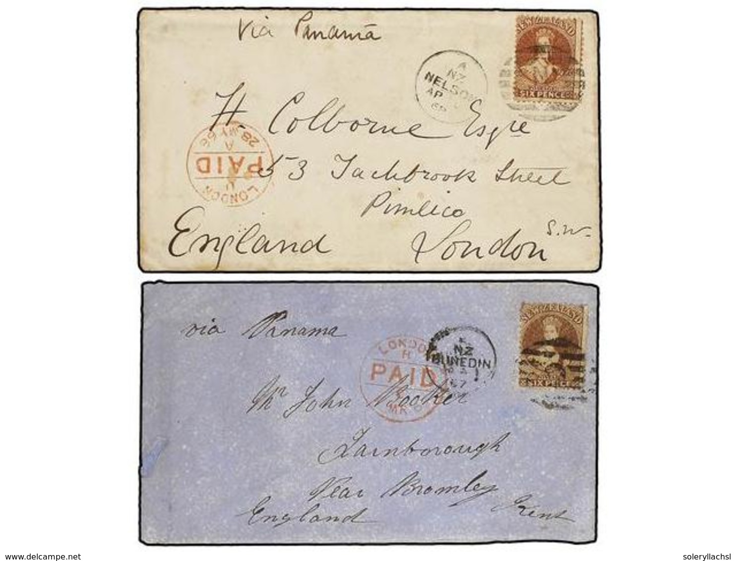 NUEVA ZELANDA. 1867-68. Two Covers Franked With 6 D. Brown Sent To LONDON Endorsed "VIA PANAMA". An Unusual Pair Of Cove - Otros & Sin Clasificación