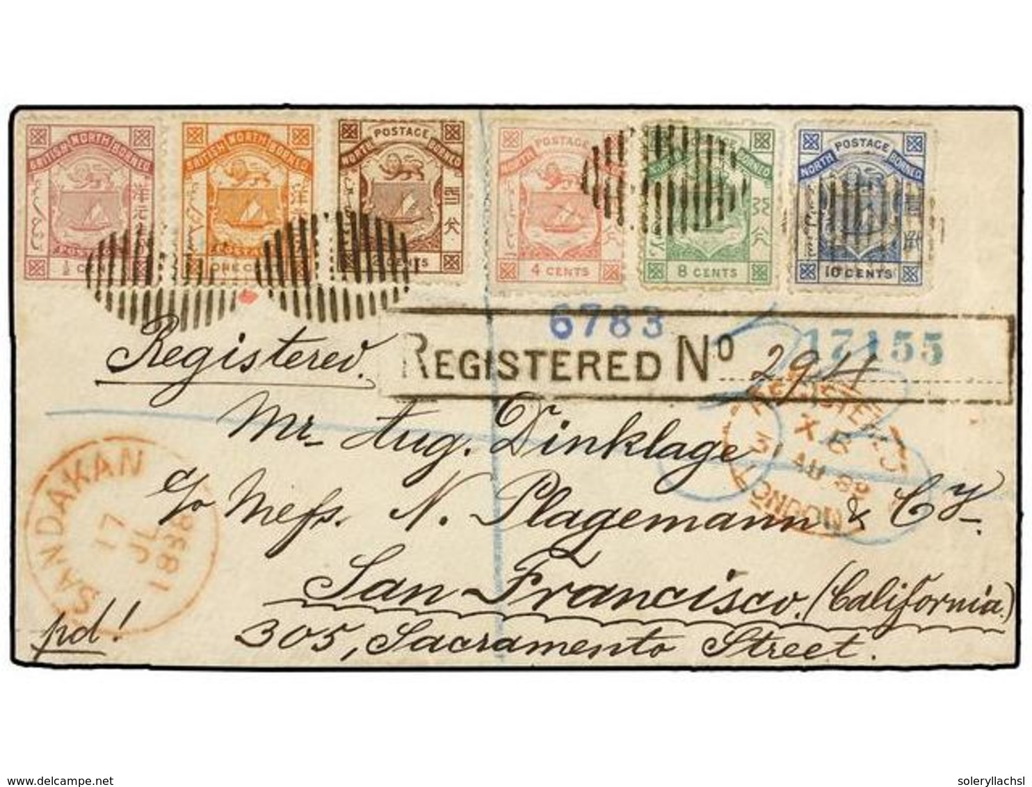 BORNEO. Sg.6, 7, 25, 28, 34, 35. 1888. SANDAKAN To SAN FRANCISCO (U.S.A.). Envelope Franked With 1/2 Cent, 1 Cent, 2 Cen - Autres & Non Classés