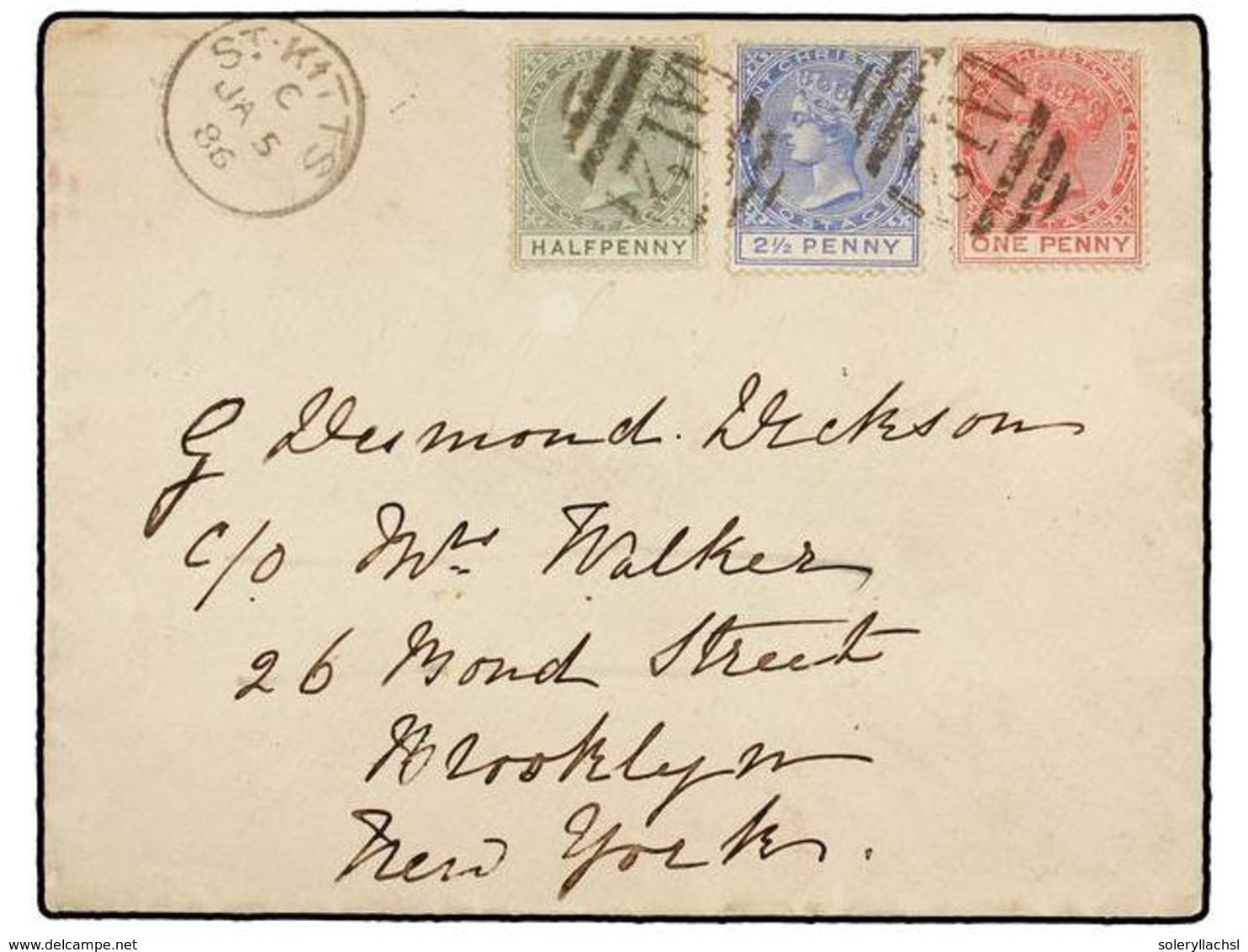 SAN KITTS-NEVIS. Sg.11, 13, 16. 1886. ST. KITTS To NEW YORK. 1/2 D. Green, 1 D. Red (fault) And 2 1/2 D. Blue. - Sonstige & Ohne Zuordnung