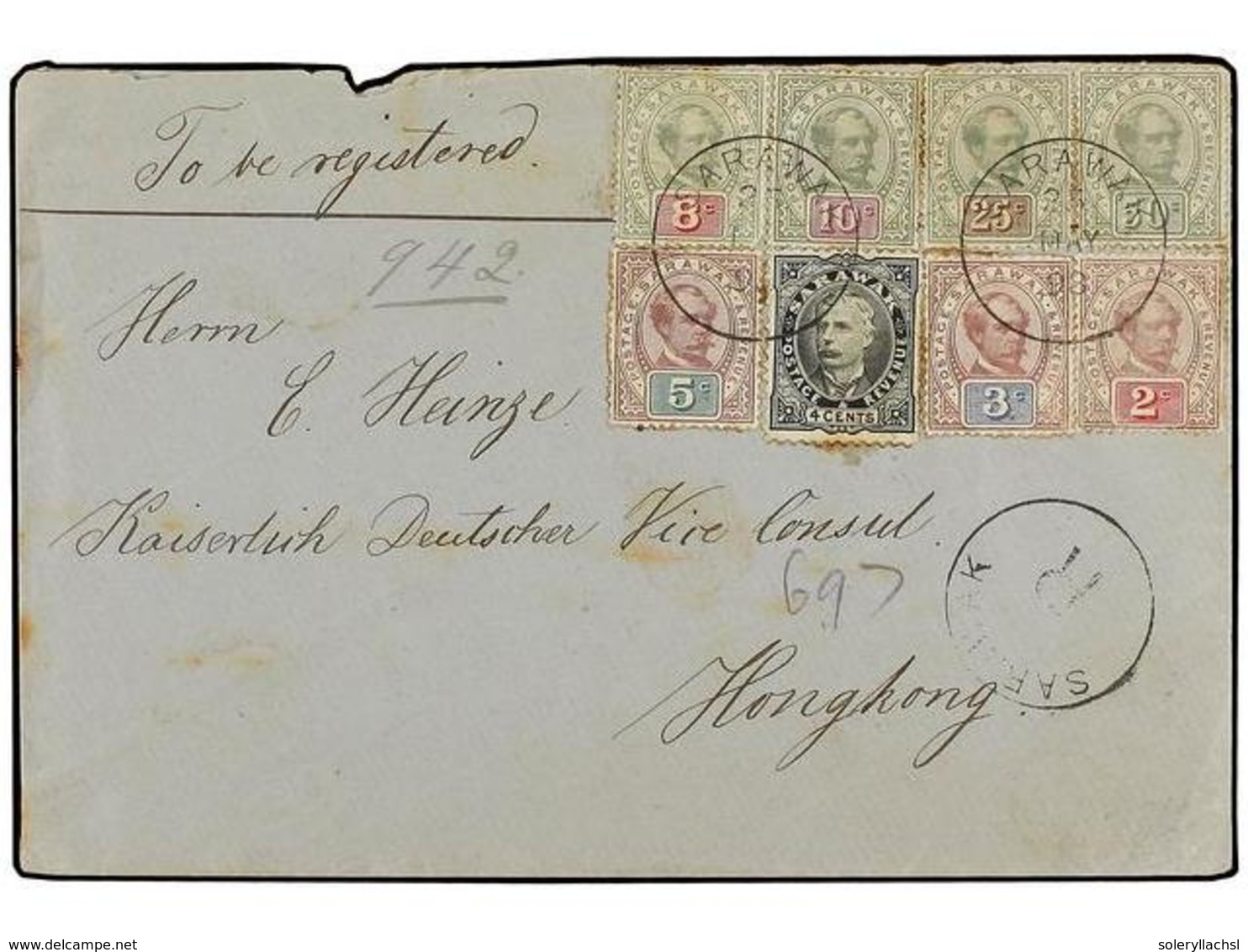 SARAWAK. 1898. Registered Cover Franked With 2 C., 3 C., 5 C., 8 C., 10 C., 25 C. And 50 C. Bi-colored Issue (SG 9, 10,  - Otros & Sin Clasificación