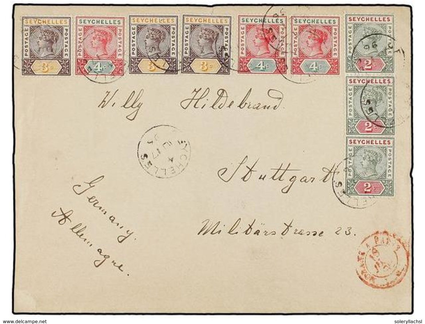 SEYCHELLES. Sg.9 (3), 10 (3), 22 (3). 1896. SEYCHELLES To GERMANY. 2 Cts. (3), 3 Cts. (3) And 4 Cts. (3) Arrival Cds On  - Other & Unclassified