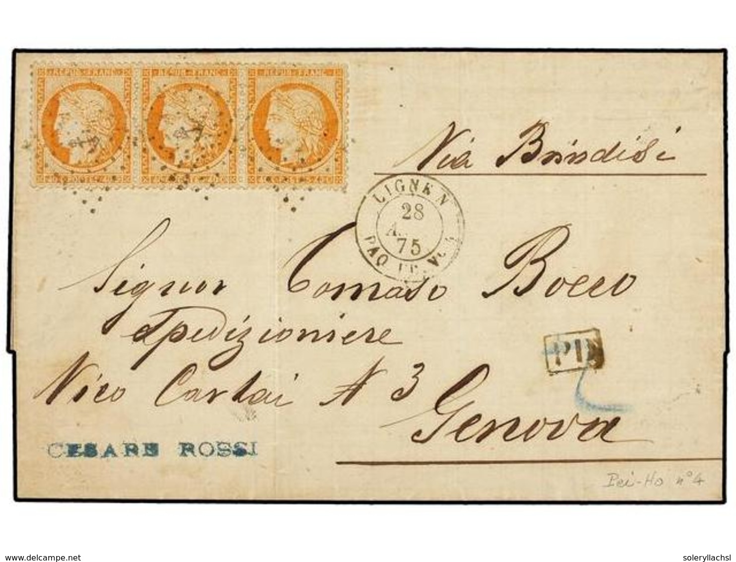 SINGAPUR. 1875 (28-8). SINGAPORE A GENOVA (Italia).Circulada Con Sellos Franceses De 40 Cts. Naranja (3), Mat. ANCLA, A  - Sonstige & Ohne Zuordnung