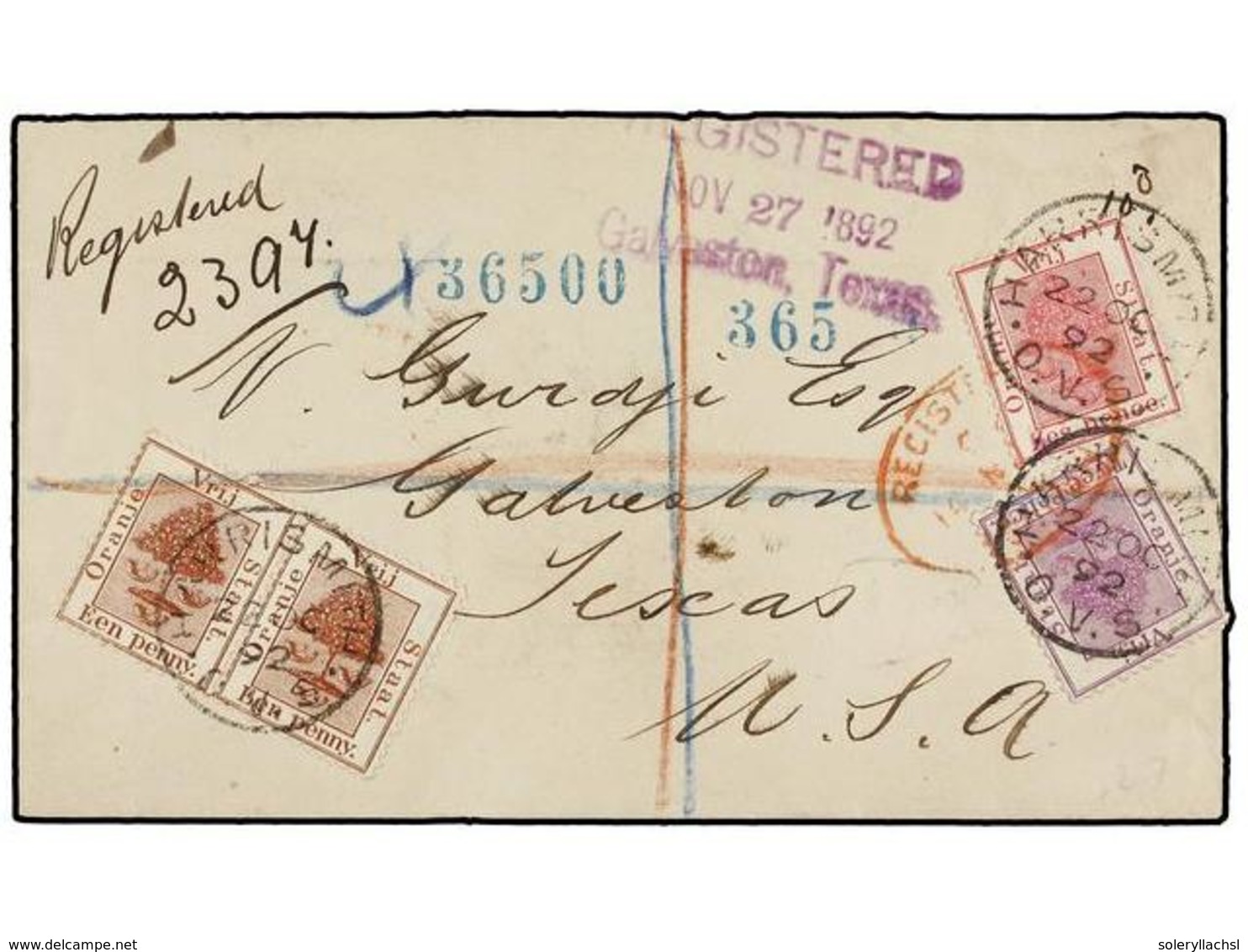 ORANGE. 1892. HARRISMITH To TEXAS (U.S.A.). Registered Cover, Nice Franking. Arrival On Reverse. - Autres & Non Classés