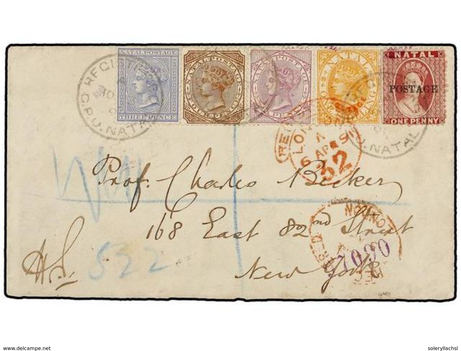 NATAL. Sg.81, 100, 102/03, 108. 1891. NATAL To NEW YORK. 1d., 3d., 4d., 6d. And 1sh. Tied By REGISTERED/G.P.U. NATAL. Se - Autres & Non Classés