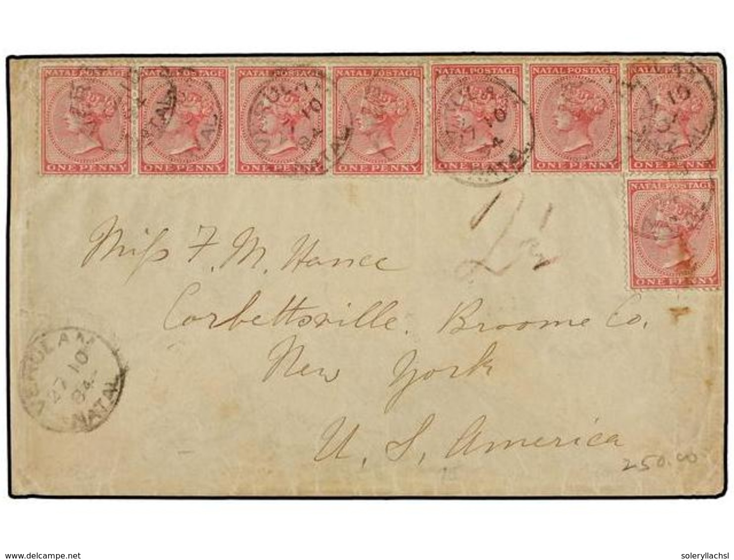 NATAL. Sg.66. 1894. VERULAM To U.S.A. 1 D. Red (8) Tied By VERULAM/NATAL Cds. Arrival On Reverse. - Otros & Sin Clasificación