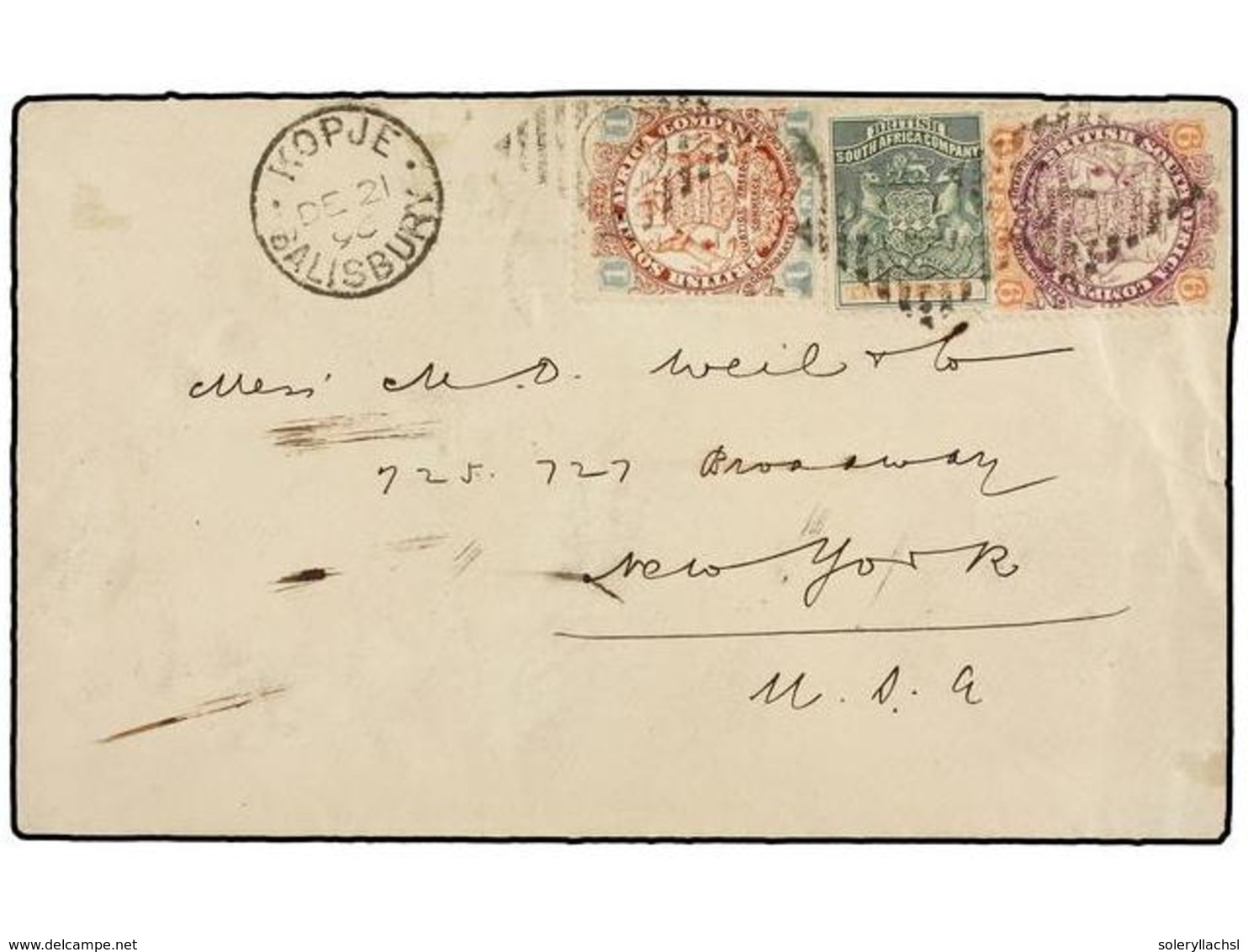 AFRICA DEL SUR. 1896. KOPJE To NEW YORK. Envelope Franked With 1 D., 2 D. And 6 D. Stamps Tied By Numeral "1" In Bars An - Otros & Sin Clasificación