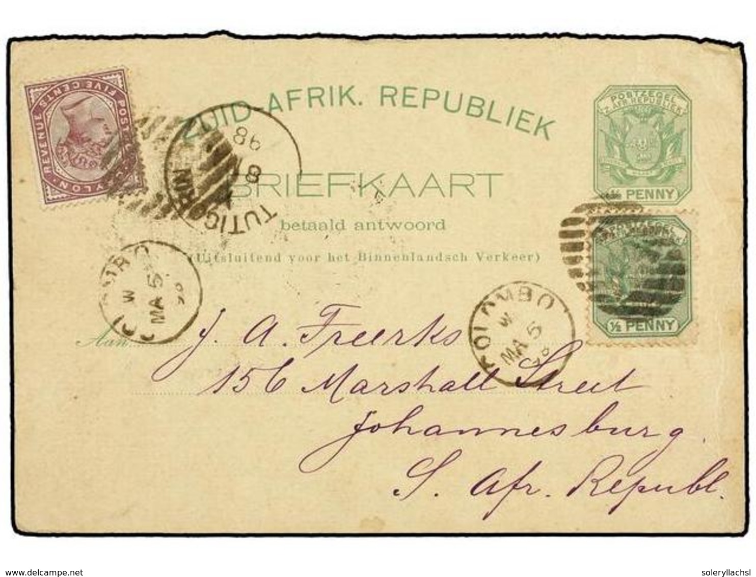 AFRICA DEL SUR: INGLESA. 1898. COLOMBO To JOHANESBURG. 1/2 D. Green REPLY CARD Of Sud Africa Uprated With 1/2 D. Stamp,  - Otros & Sin Clasificación