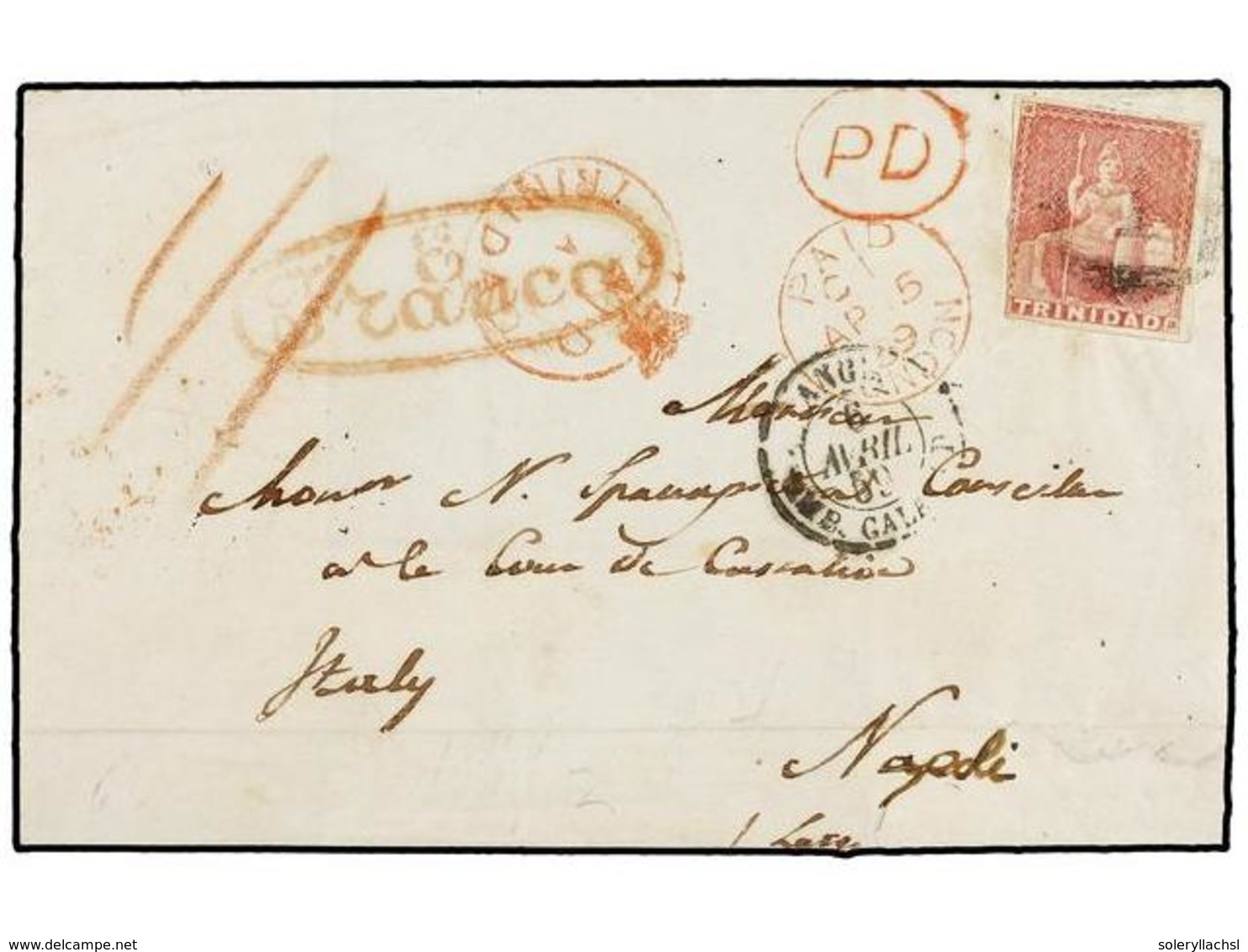 TRINIDAD. 1859. PORT OF SPAIN To NAPOLI. 1 D. Red For Inland Rate And 1 Sh., 1 P. Prepaid To Destination, Crowned PAID/A - Autres & Non Classés