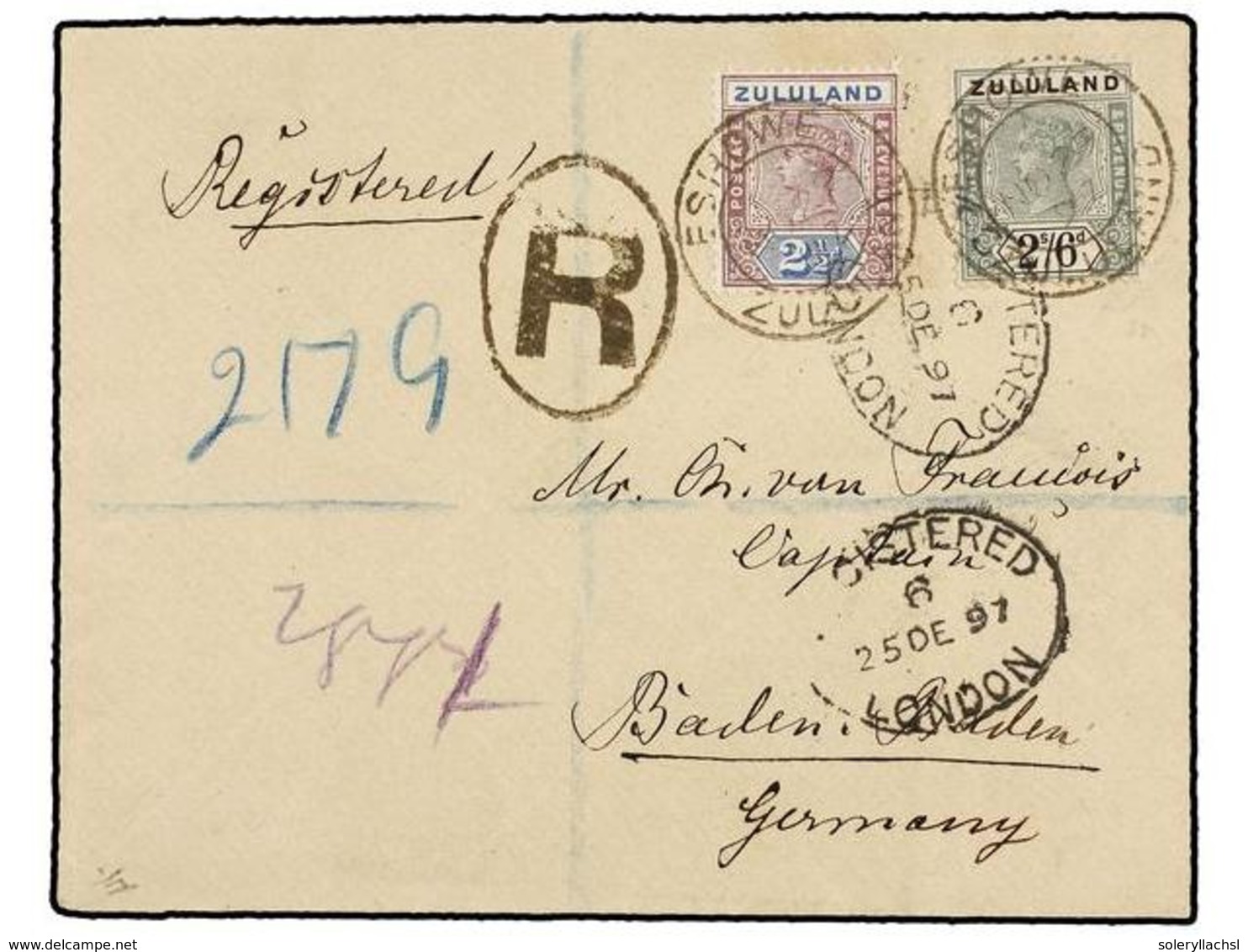 ZULULAND. Sg.22, 26. 1897. ESHOWE To GERMANY. 2 1/2 D. Mauve And Blue And 2/6 Sh. Black And Green (rare On Cover). An At - Otros & Sin Clasificación