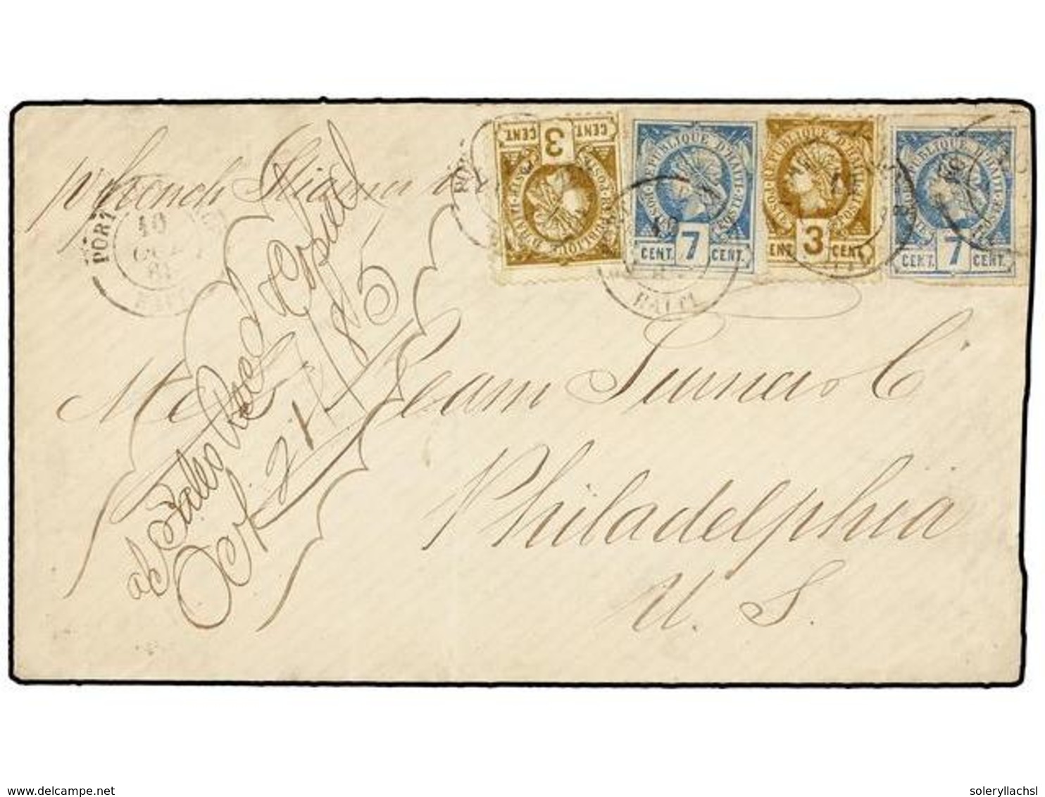 HAITI. Sc.5 (2), 9 (2). 1881. PORT AU PRINCE A PHILADELPHIA. Sobre Circulado Con Sello Sde 3 Cent. Oliva (2) Y 7 Cent. ( - Sonstige & Ohne Zuordnung