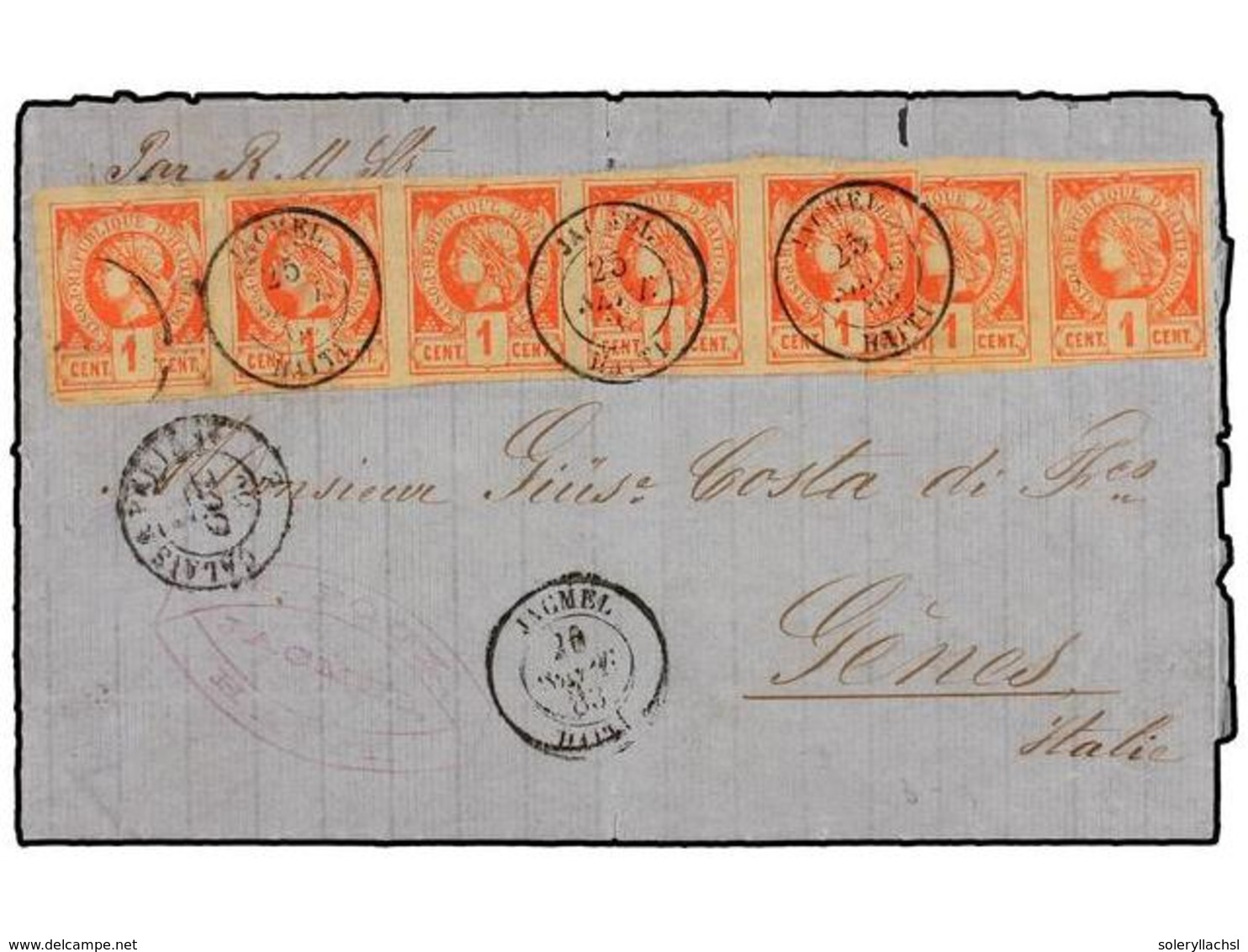 HAITI. Sc.1 (7). 1883. JACMEL A GÉNOVA (Italia). 1 Cto. Rojo, Pareja Y Tira De Cinco, Mat. Fechador De Jacmel. La Tarifa - Otros & Sin Clasificación