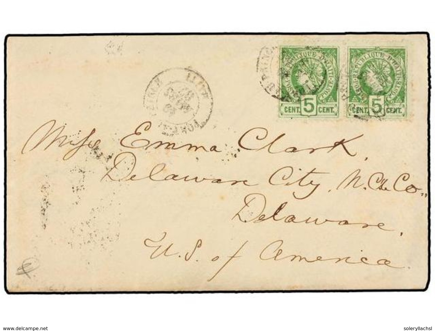 HAITI. Sc.20 (2). 1887. PORT AU PRINCE A DELAWARE (Usa). 5 Cents. Verde (2). Sobre Con El Contenido Escrito A Bordo De " - Otros & Sin Clasificación