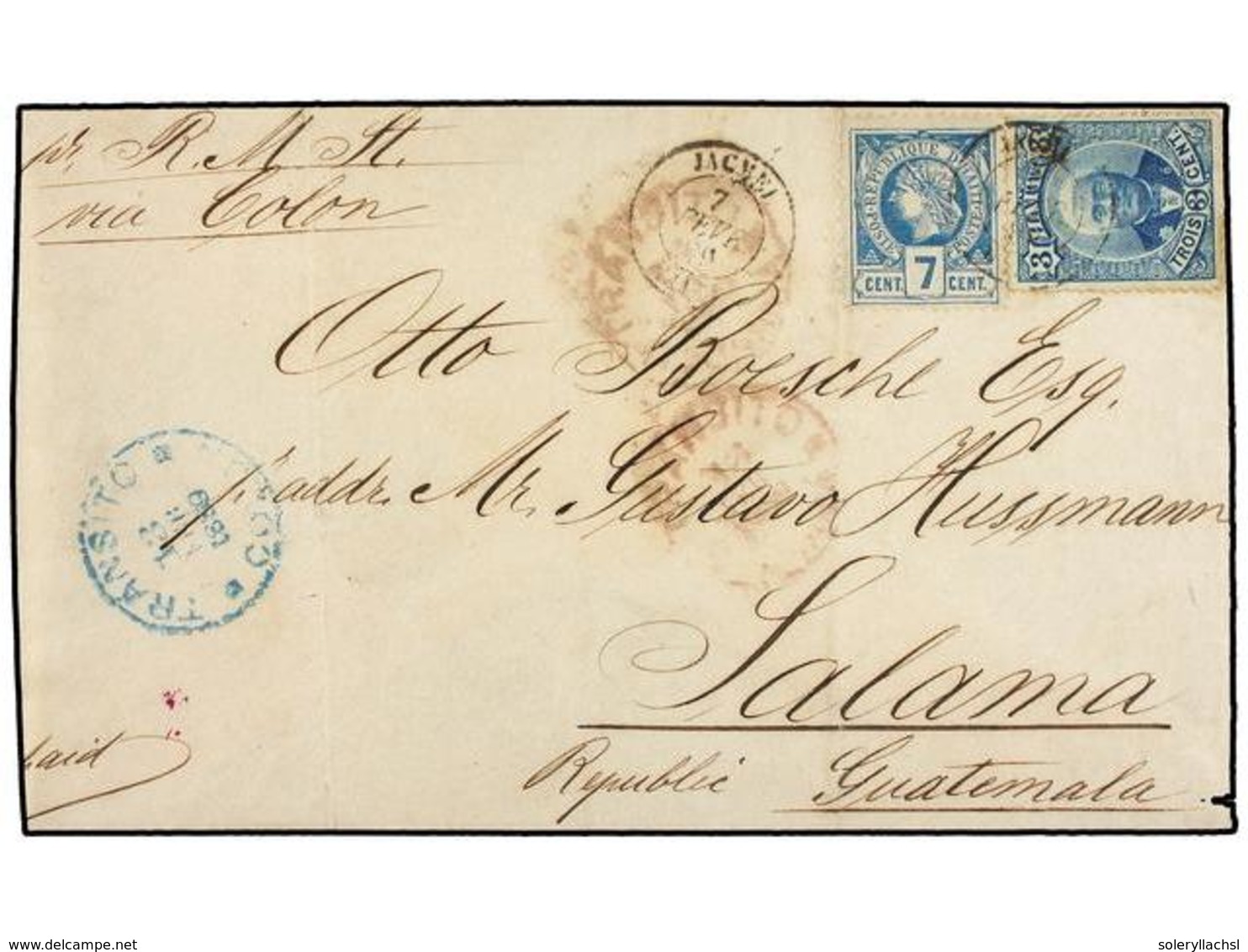 HAITI. Sc.11, 23. 1889. JACMEL A SALAMA (Guatemala). 7 Cent. Azul Y 3 Cts. Azul De La Emisión De Salomón, Mat. JACMEL/HA - Sonstige & Ohne Zuordnung