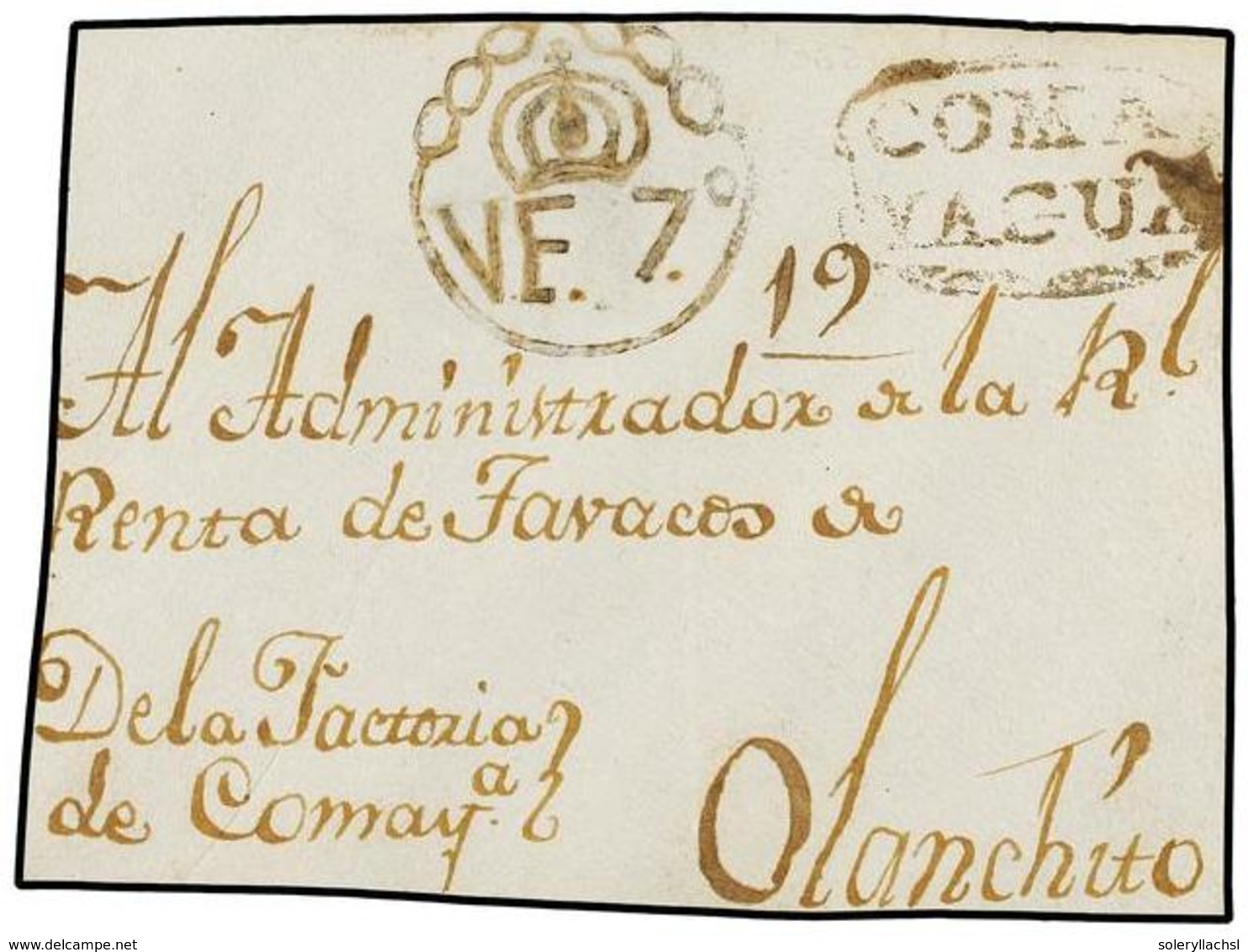 HONDURAS. (1810 CA.). FRONTAL. COMAYAGUA A OLANCHITO. Marca COMA/YAGUA Y VF. 7º En Tinta De Escribir (nº 1 Y 2). EXTRAOR - Autres & Non Classés