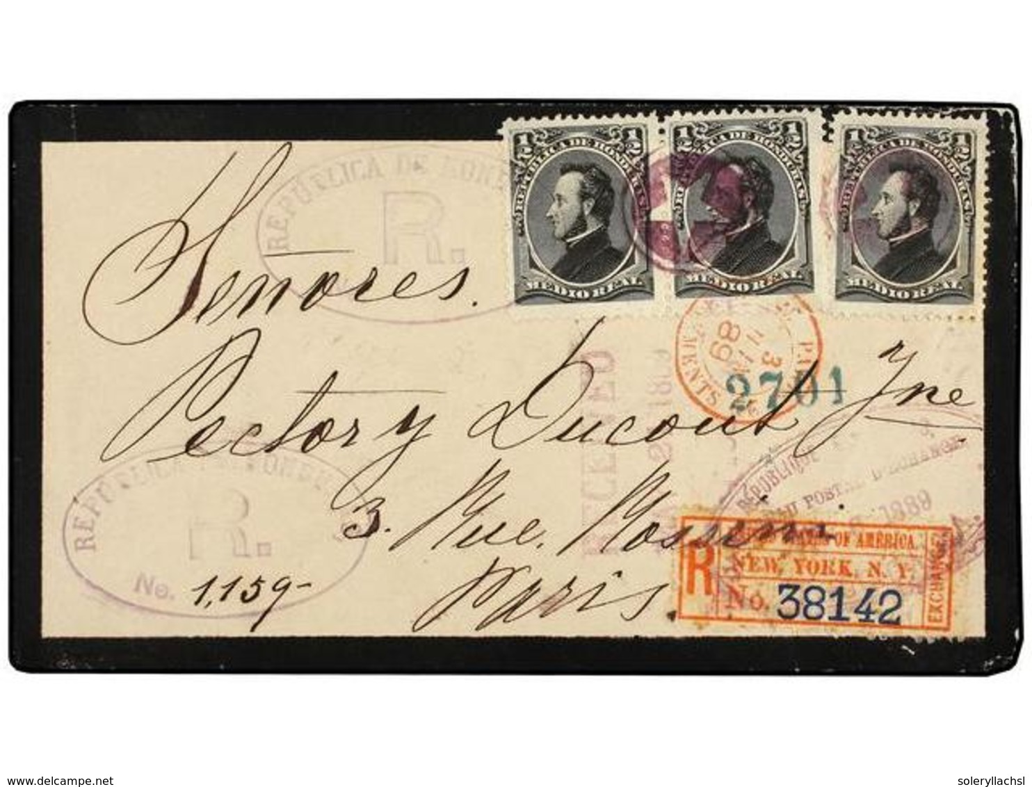 HONDURAS. Sc.32 (5). 1889. HONDURAS A PARÍS. Sobre Con Franqueo De 1/2 Real Negro (tres En El Frente Y Dos Al Dorso) En  - Sonstige & Ohne Zuordnung