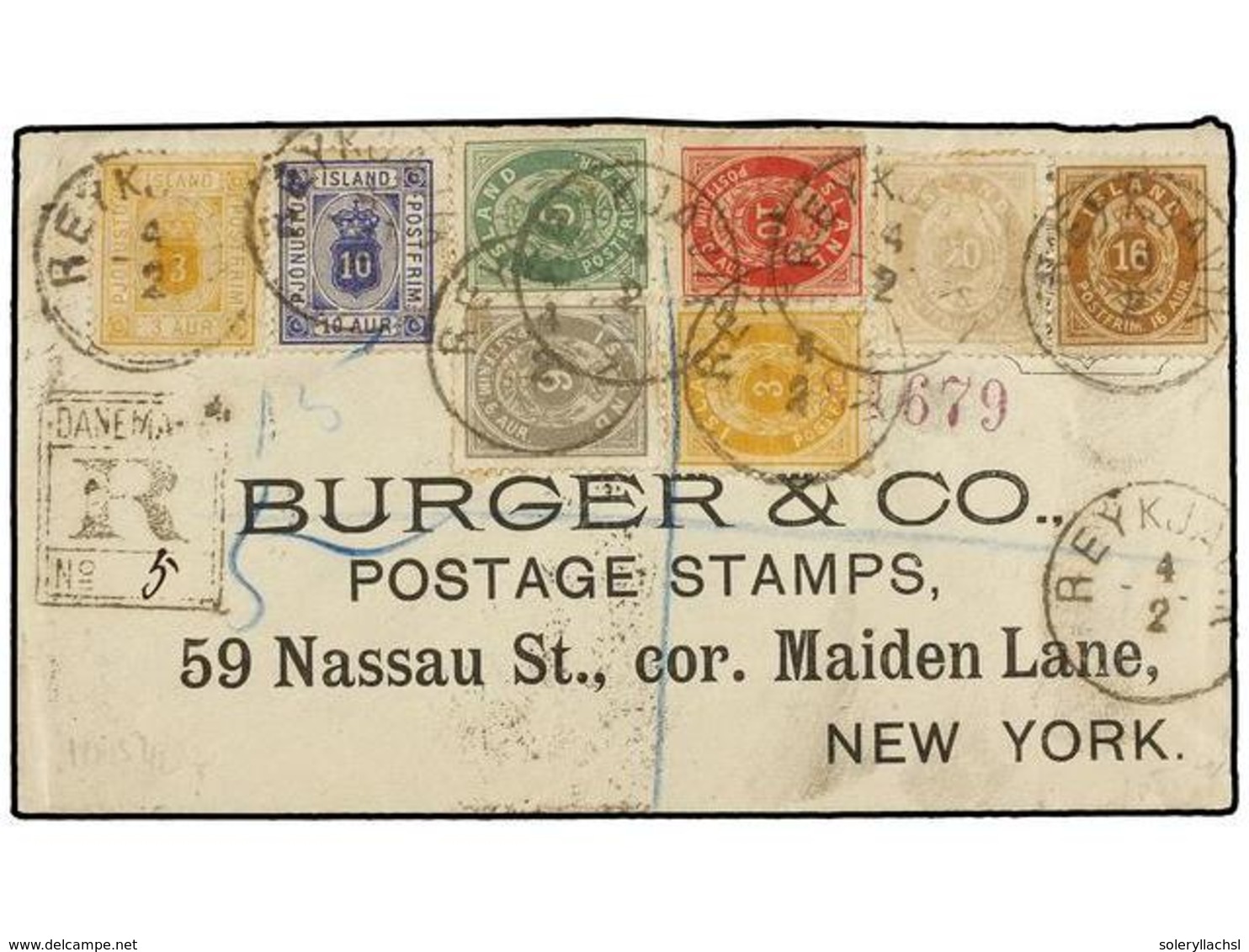 ISLANDIA. Mi.7/10A, 12B, 13B + D3A, 5A. 1891. REYKJAVIK To NEW YORK. Envelope Franked With 3, 5, 6, 10, 16 And 20 Aur. A - Autres & Non Classés
