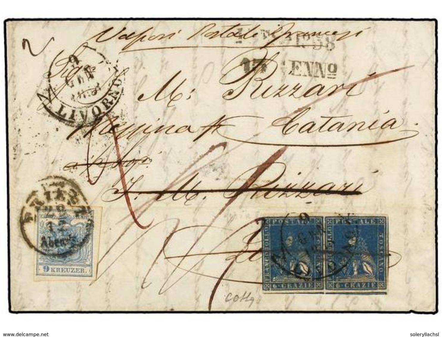 ITALIA ANTIGUOS ESTADOS: TOSCANA. 1857 (22-12). TRIESTE A LIVORNO. Carta Completa Circulada Con Sello De 9 Kr. Azul Reex - Sonstige & Ohne Zuordnung