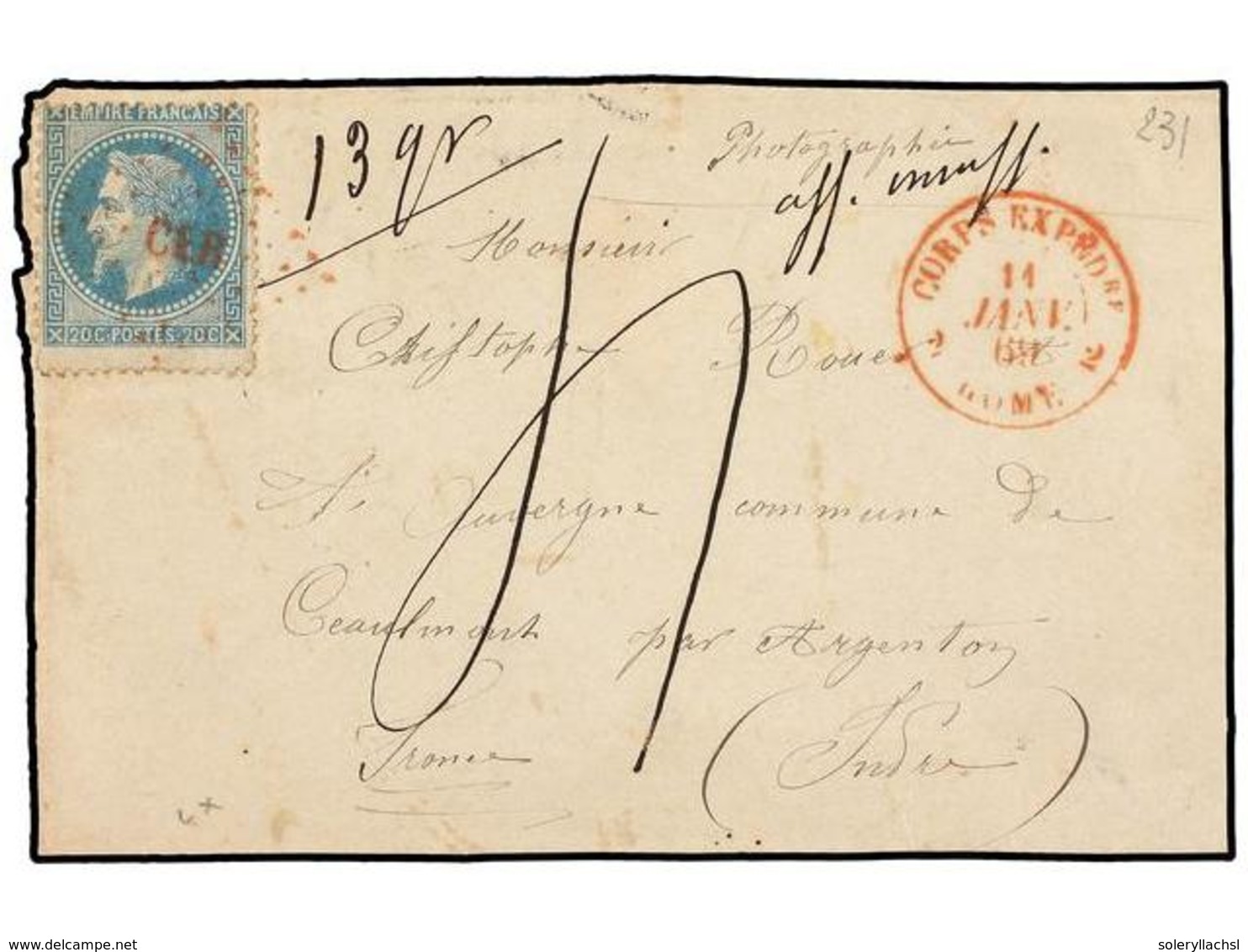 ITALIA. 1869. FRONTAL DE CARTA Circulado De ROMA A FRANCIA Con Sello Francés De 20 Cts. Azul, Mat. Parrilla CER Y Fechad - Andere & Zonder Classificatie