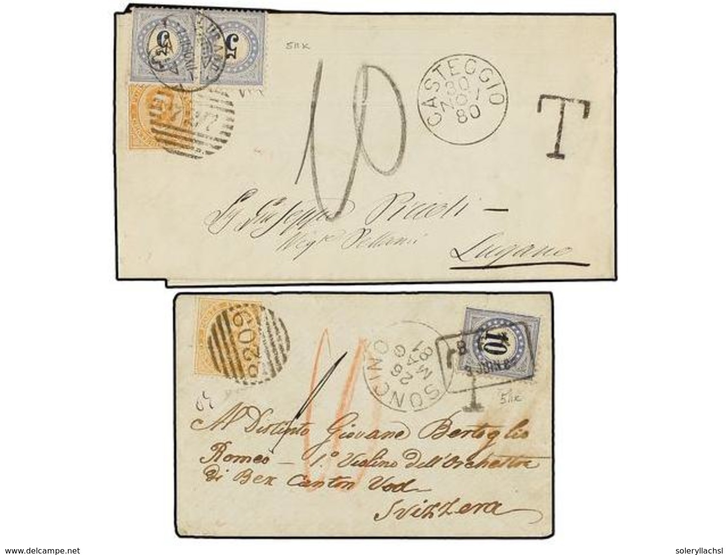 ITALIA. 1880-81. Two Covers Franked With 10 Cents. Orange Stamps, Taxed On Arrival With Swiss 5 + 5 Cts. And 10 Cts. Blu - Otros & Sin Clasificación