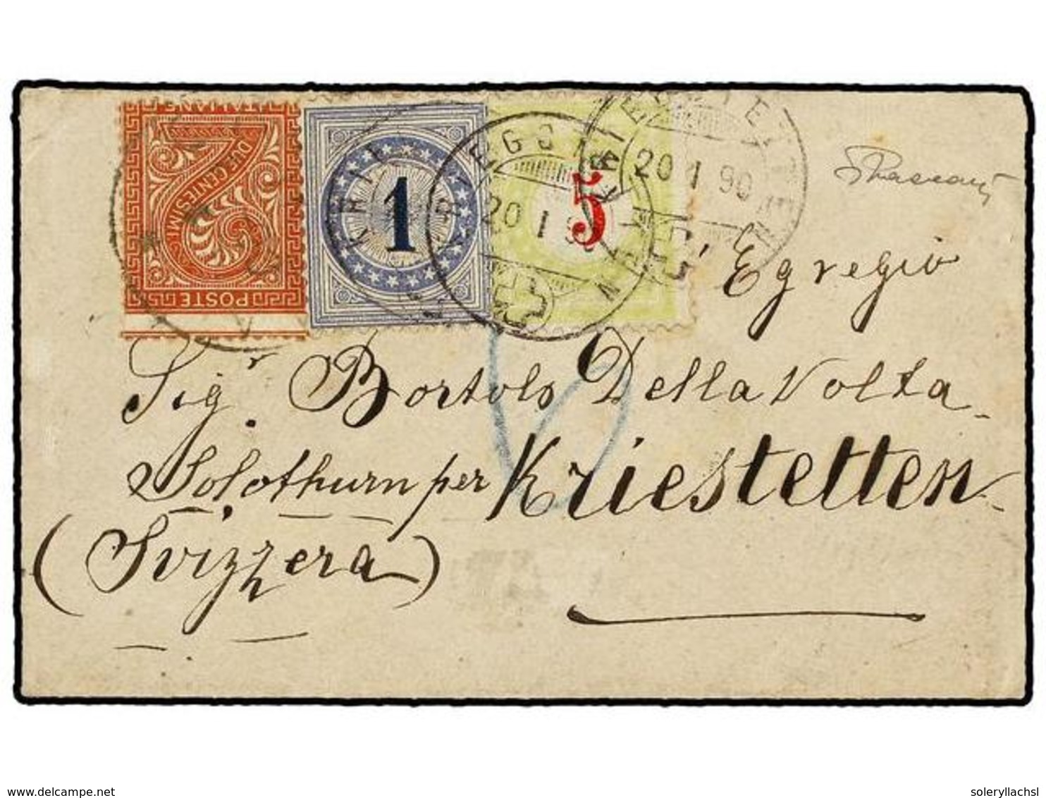 ITALIA. 1890. COMO A SUIZA. Sobre Con Franqueo De 2 Cts. Castaño Rojo Tasado A La Llegada Con Sellos Suizos De 1 Cto. Az - Autres & Non Classés