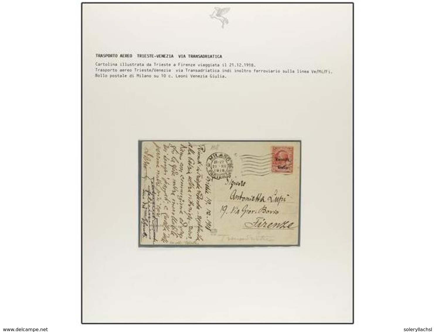 ITALIA. 1918 (Noviembre) a 1919 (Febrero). SERVICIO DE CORREO AÉREO ENTRE POLA Y TRIESTE A VENECIA por la COMPAÑÍA TRANS