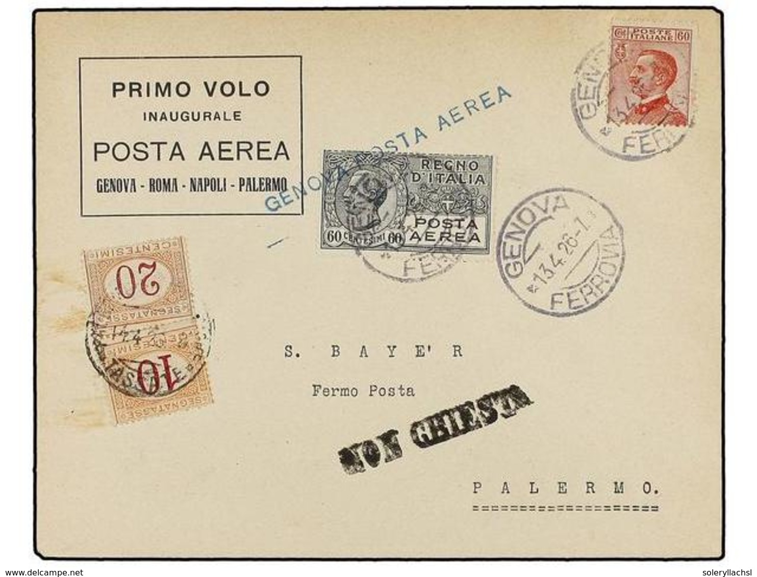 ITALIA. 1926 (13-4). GÉNOVA A PALERMO. Primer Vuelo (Lo. 26PG). - Otros & Sin Clasificación