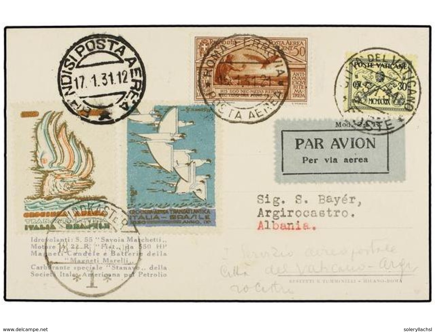 ITALIA. 1931 (15-I). VATICANO A ARGIROCASTRO (Albania), Tarjeta Con Franqueo De Vaticano A Italia Con Viñetas Y Tarjeta  - Other & Unclassified