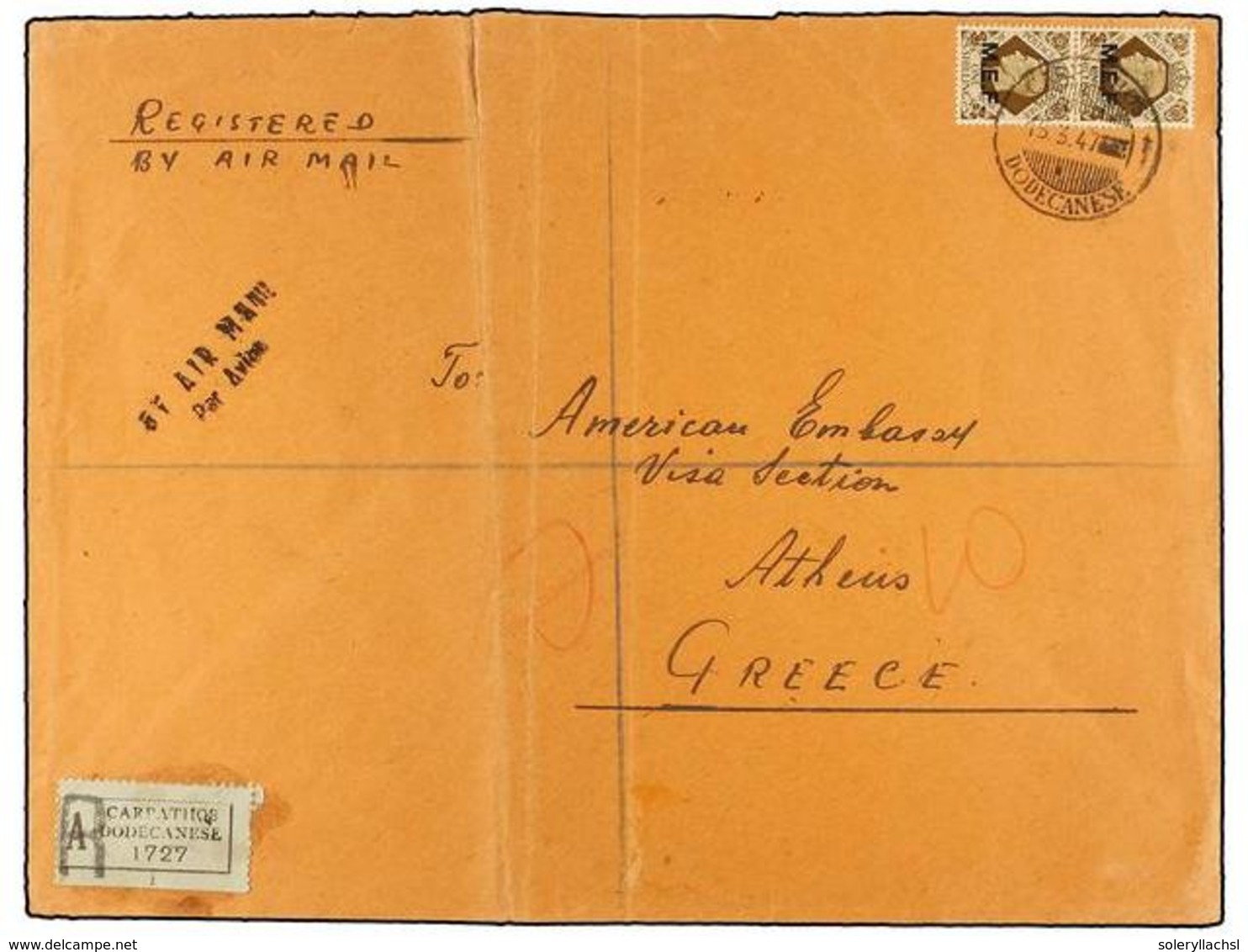 ITALIA: EGEO (Colonia Italiana). Sa.10, 13 (2). 1947 (15-III). CARPATHOS A ATENAS (Grecia). 1 Sh. Castaño (2) Y 5 D. Cas - Autres & Non Classés