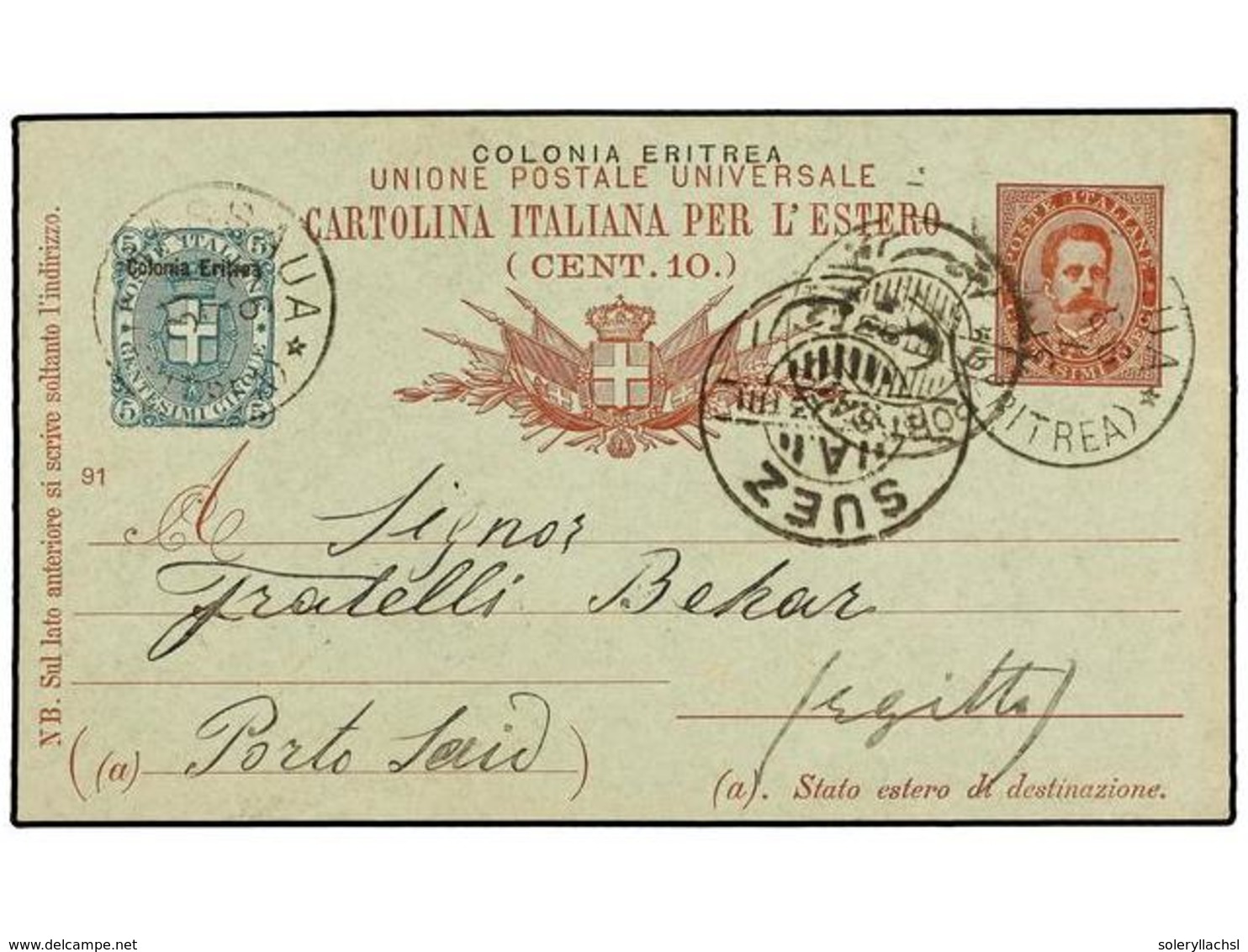 ERITREA. 1898. MASSAUA A PORT SAID (Egipto). Entero Postal De 10 Cts. Rojo Con Franqueo Adicional De 5 Cts. Verde, Tráns - Otros & Sin Clasificación