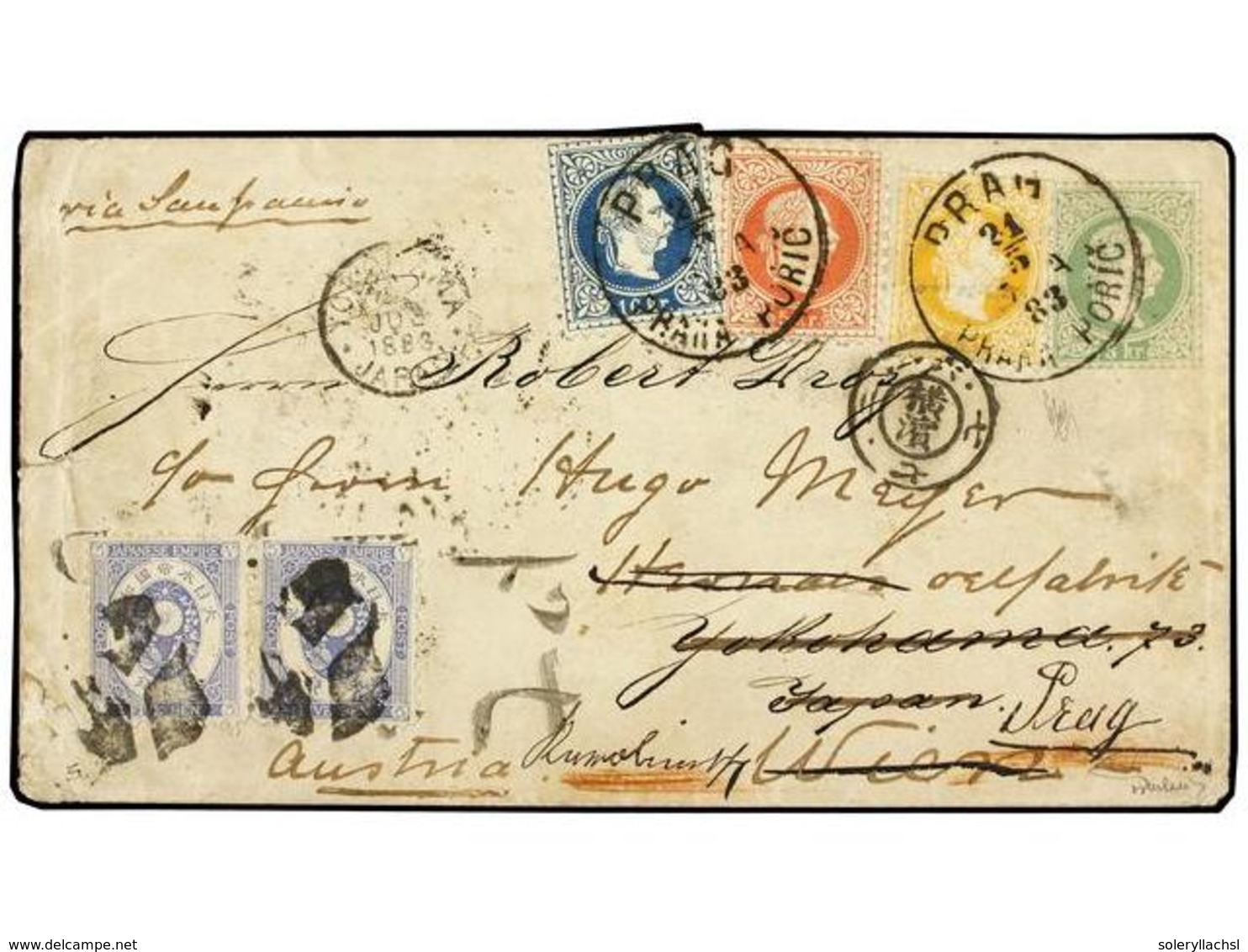 JAPON. Sc.34, 36, 37. 1883 (May 21). The Outstanding And Famous Combination 3 Kr. Green Postal Envelope Plus 1874/80, Fi - Autres & Non Classés