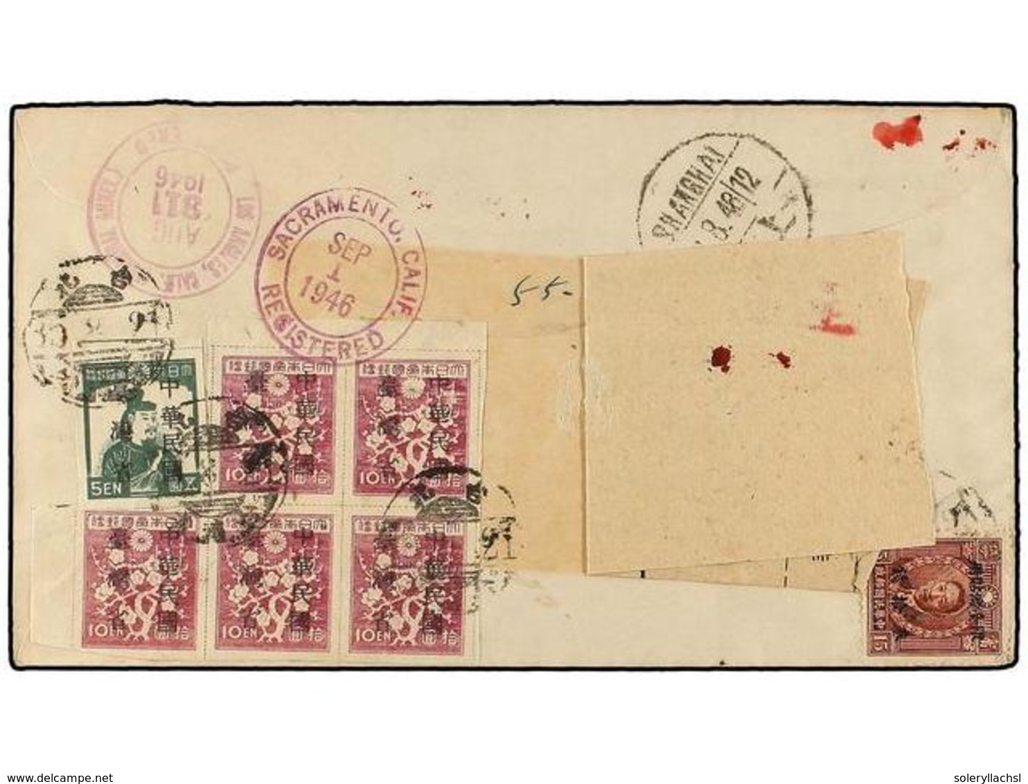 JAPON. 1946. JAPANESE OCCUPATION IN TAIWAN. TAIPEH To SACRAMENTO (U.S.A.). Air Mail Registered Cover Franked With 15 Cts - Autres & Non Classés