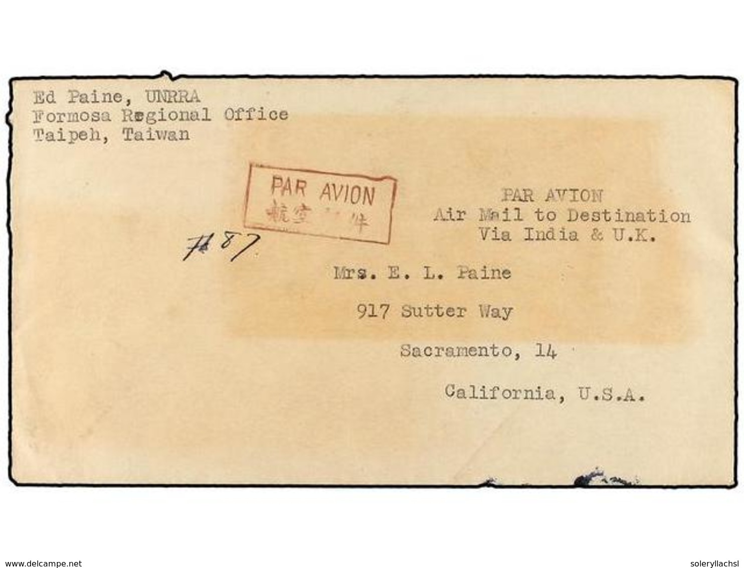 JAPON. 1946. JAPANESE OCCUPATION IN TAIWAN. TAIPEH To SACRAMENTO (U.S.A.). Air Mail Registered Cover Franked With 5 Yen  - Sonstige & Ohne Zuordnung