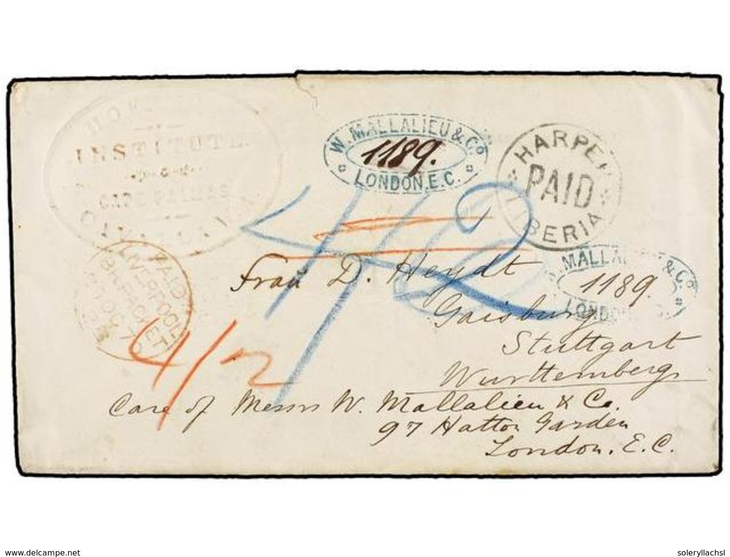 LIBERIA. 1870. CAPE PALMAS To STUTTGARD. Envelope With Embossed Mark "HOFFMAN INSTITUTE. CAPE PALMAS. CAVALLA. W.A." Wit - Sonstige & Ohne Zuordnung