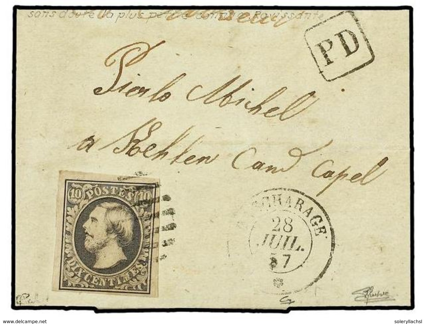LUXEMBURGO. 1857 (July 28). Entire Letter From BASCHARAGE To LUXEMBOURG Franked By 1852 10 C. Grey Black, Four Margins,  - Autres & Non Classés