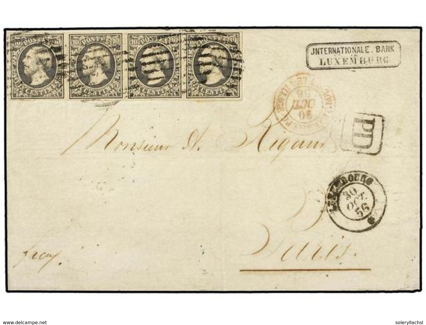 LUXEMBURGO. 1856 (Oct. 30). Cover From LUXEMBOURG To PARIS Franked By Remarkable And Fine Strip Of Four 1851 10 C. Grey- - Autres & Non Classés