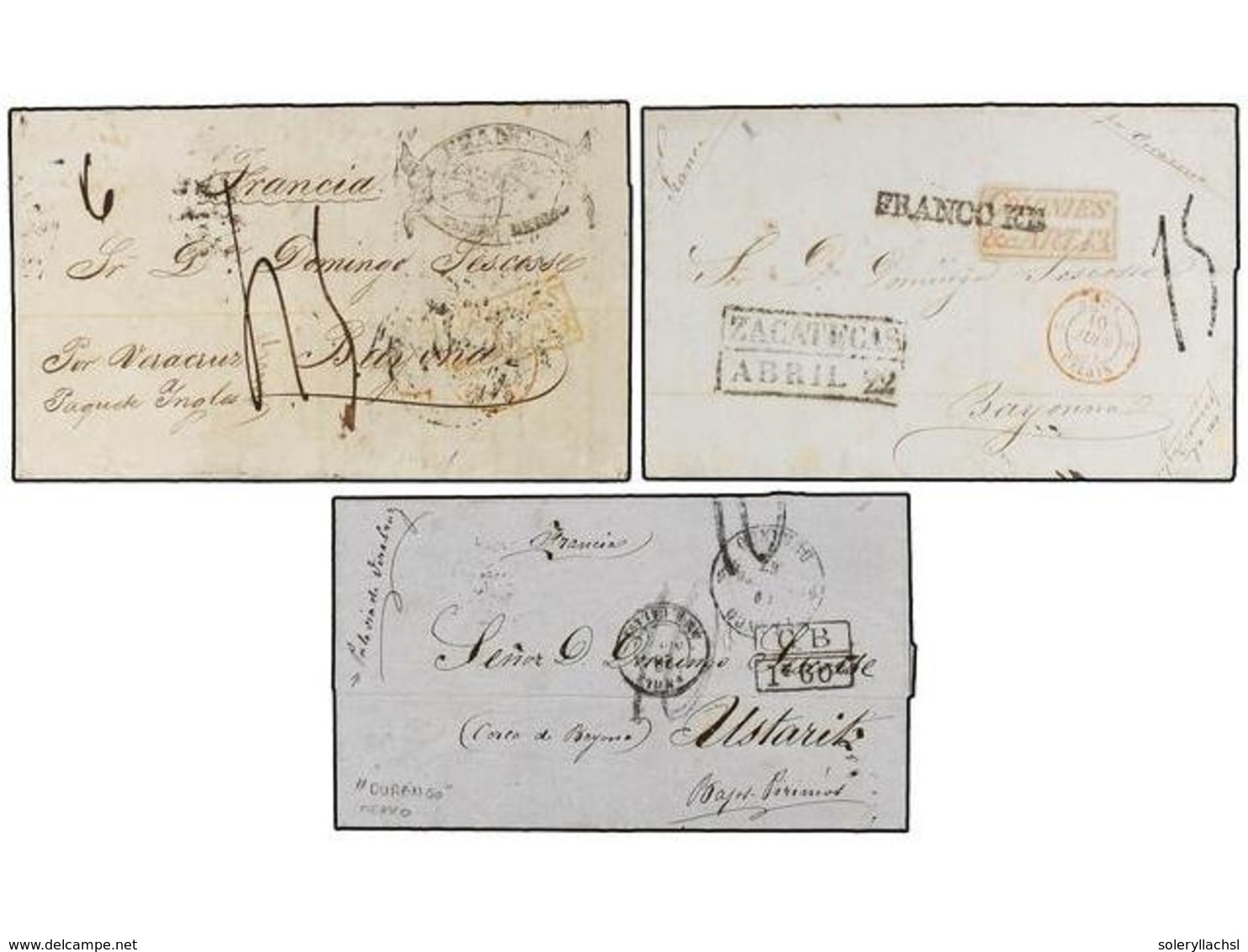 MEXICO. 1851-57. Tres Cartas Circuladas A FRANCIA Desde DURANGO Y ZACATECAS (2) Con El Franqueo Local Hasta Veracruz Pag - Autres & Non Classés